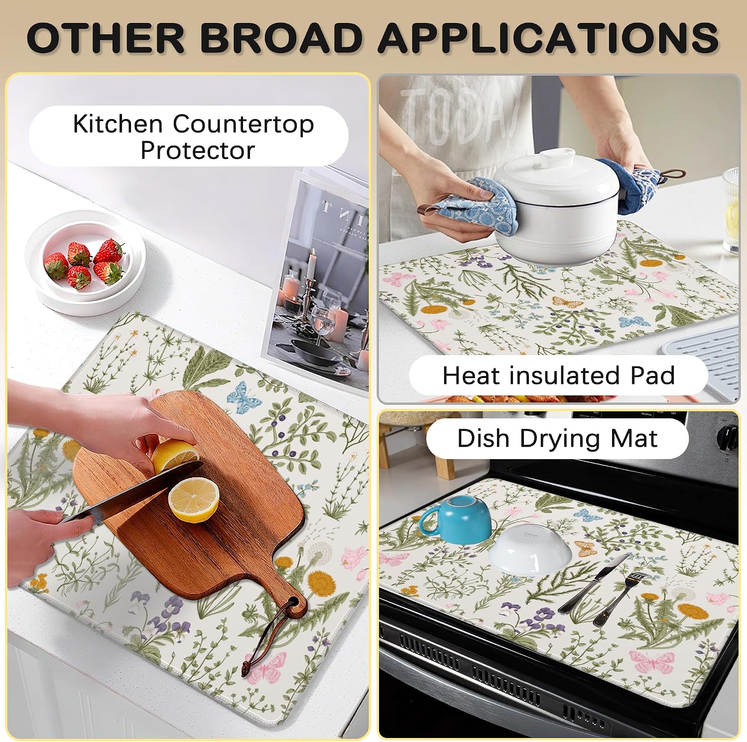 Herbs Wild Flowers Stove Top Cover for Electric Stove，Christmas Kitchen Decor Vintage Floral Extra Thick Natural Rubber Glass Top Protector, Prevents Scratching, Expands Usable Space 28.5'' x 20.5'