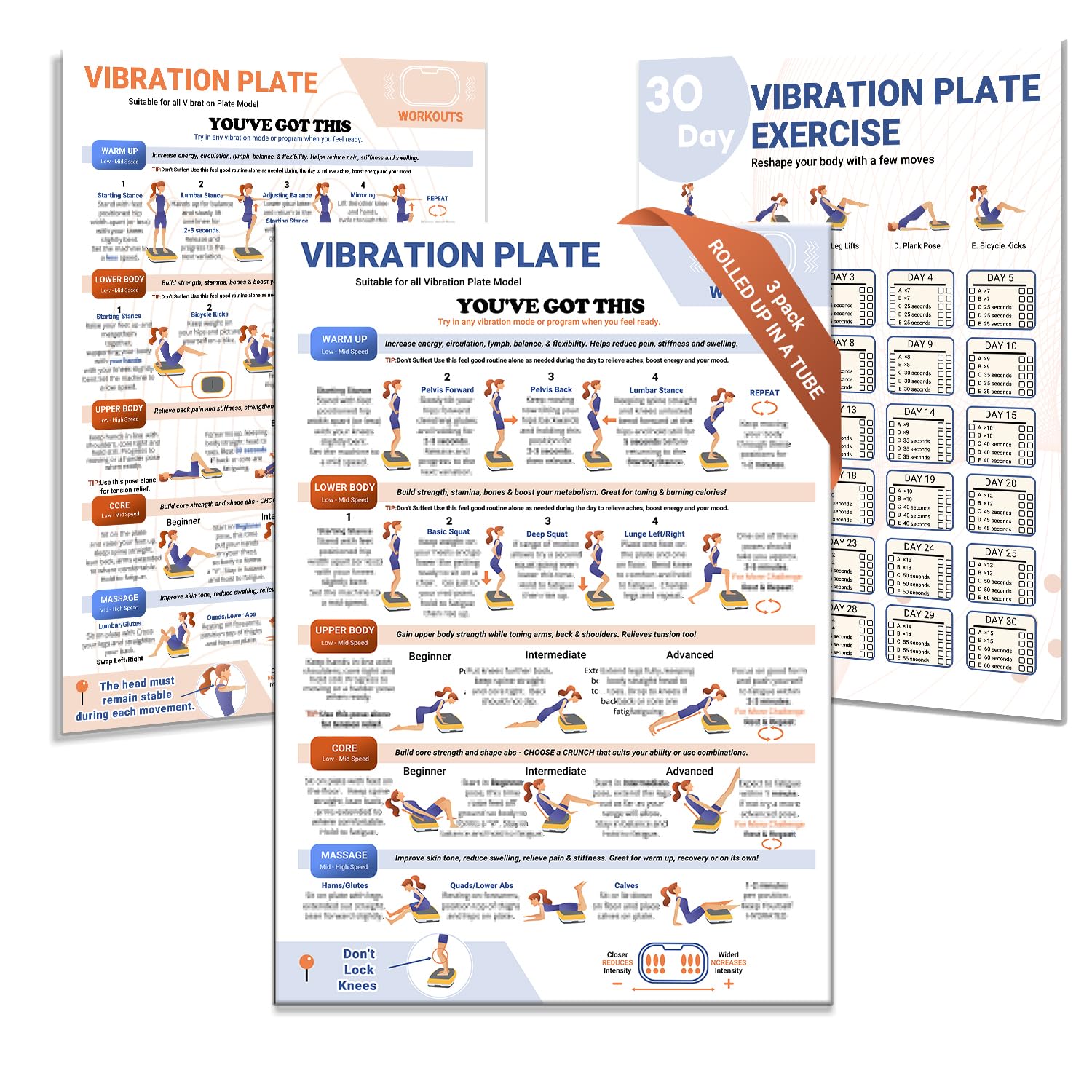 Whole Body Vibration Plate Exercise Poster, Fitness Workout Guide with 30 day Training Chart