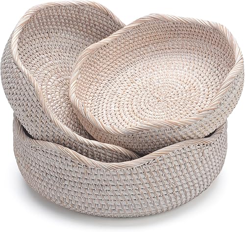 YANGQIHOME Cestas de frutas redondas de ratán, cuencos de almacenamiento de mimbre, cuencos de cesta de servicio tejida natural, cestas decorativas