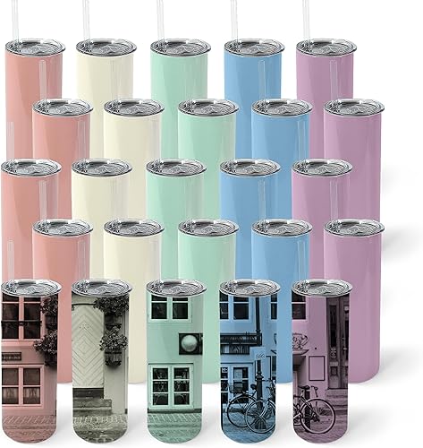 sweet grain Paquete de 25 vasos de sublimación de 20 onzas, vaso de café de acero inoxidable 304 con tapa y pajilla, color macarrón