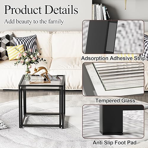 Miniatura 6 de Garden 4 you Juego de 2 mesas de centro, mesa anidable de vidrio con patrón moderno, juego de mesa central cuadrada con marco de metal, mesas