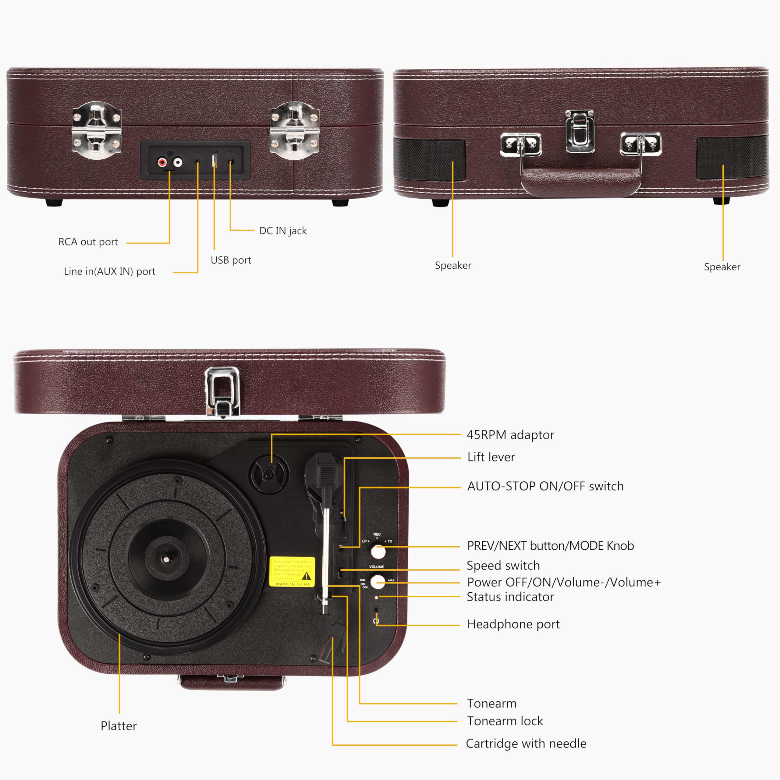 Giradischi Vinile, VOKSUN Giradischi Portatile Vintage con Altoparlanti Incorporati, Bluetooth In/Out Lettore LP Vinile con 3 Velocità, Valigia USB, In AUX, Linea RCA, Jack Cuffie, Auto-Stop (Rosso)