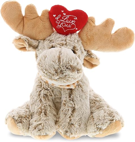 DolliBu I Love You - Peluche de alce de San Valentín, lindo animal de peluche suave con corazón rojo, regalo para el día de San Valentín, regalo de