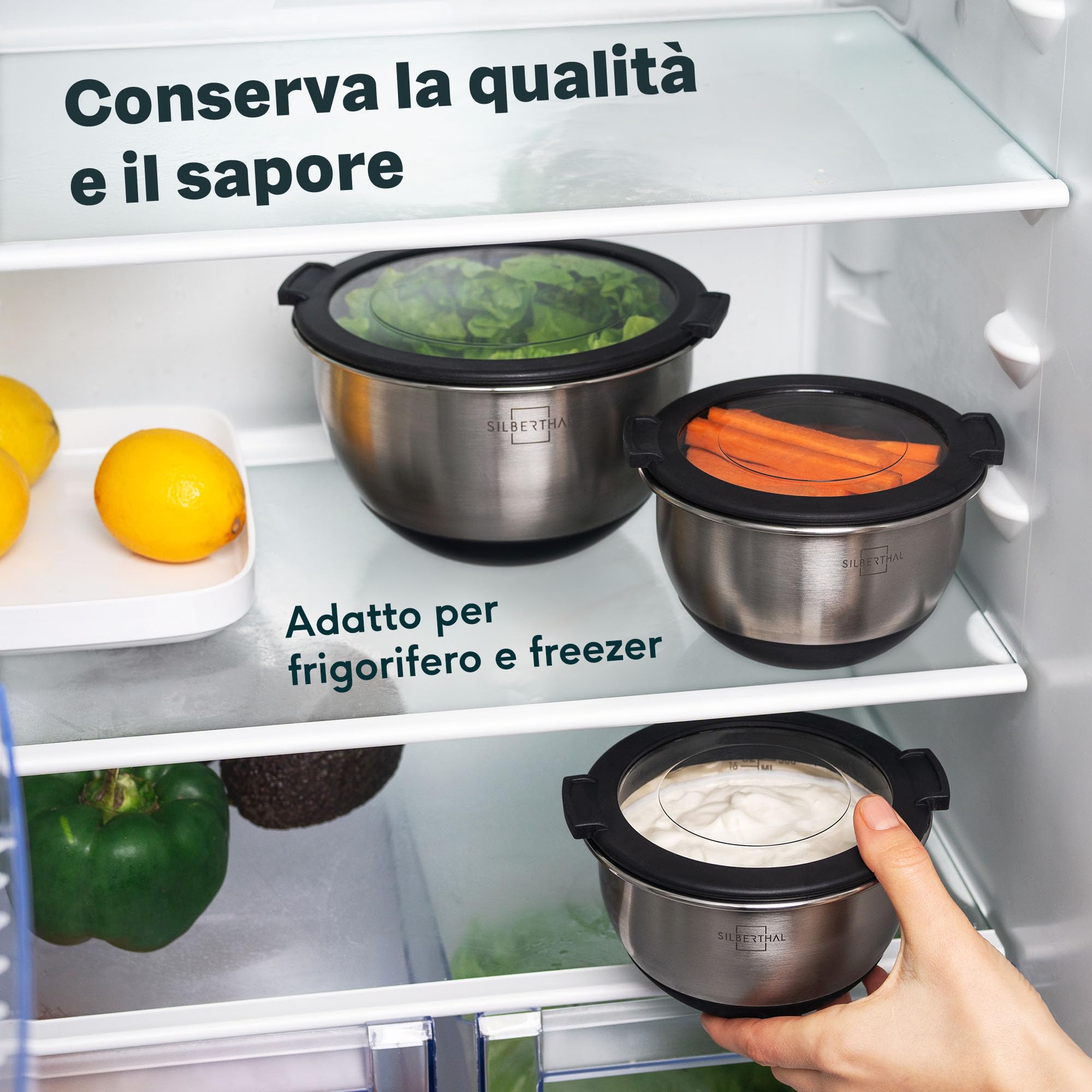 SILBERTHAL Set ciotole acciaio inox cucina - Impilabile e antiscivolo - Coperchio ermetico 1,6L / 3L / 5,1L