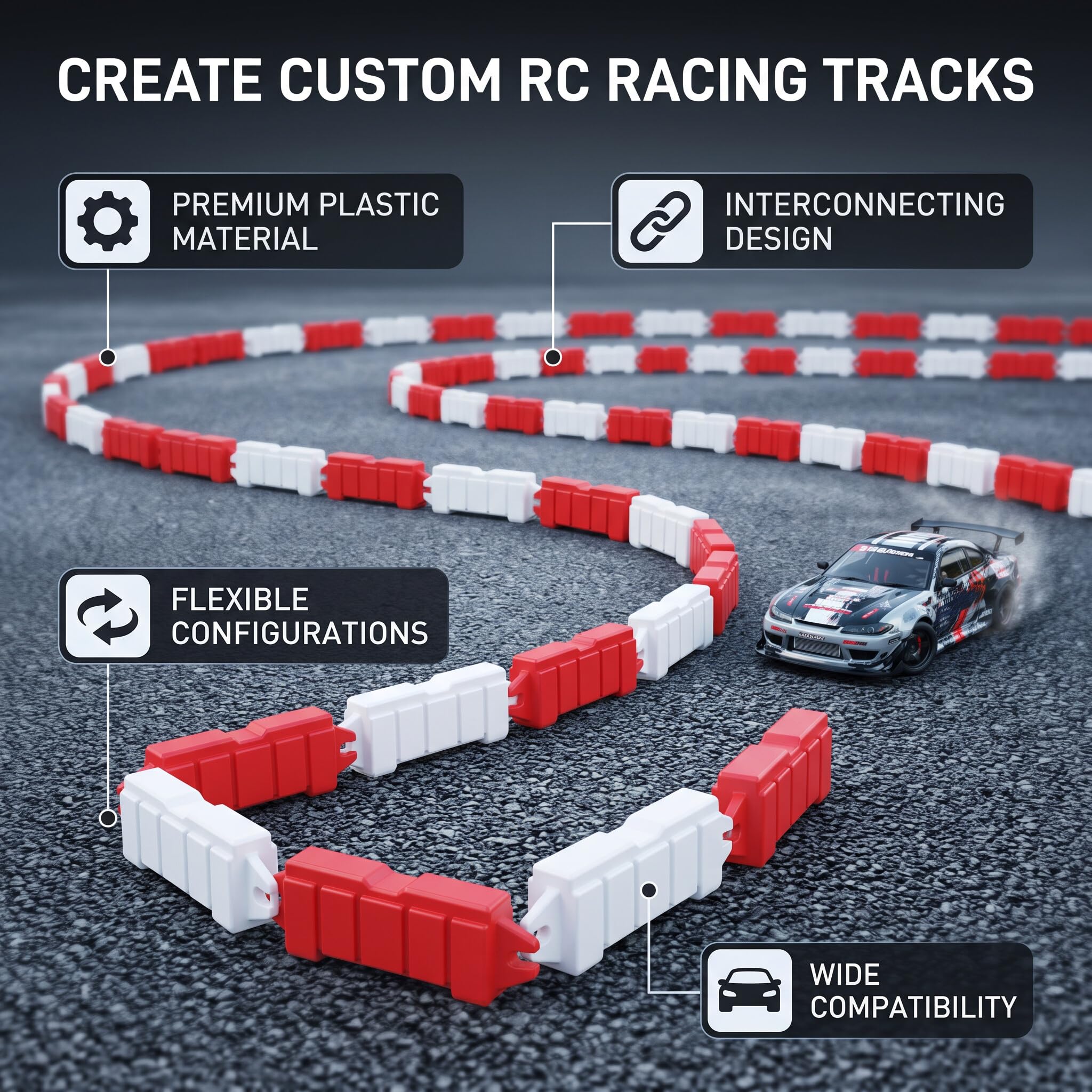 Barrière De Course RC – Set De 50 Clôtures En Plastique Rouge/blanc – Mini Piste Drift 1/18 – Léger, Modulable – Installation Facile