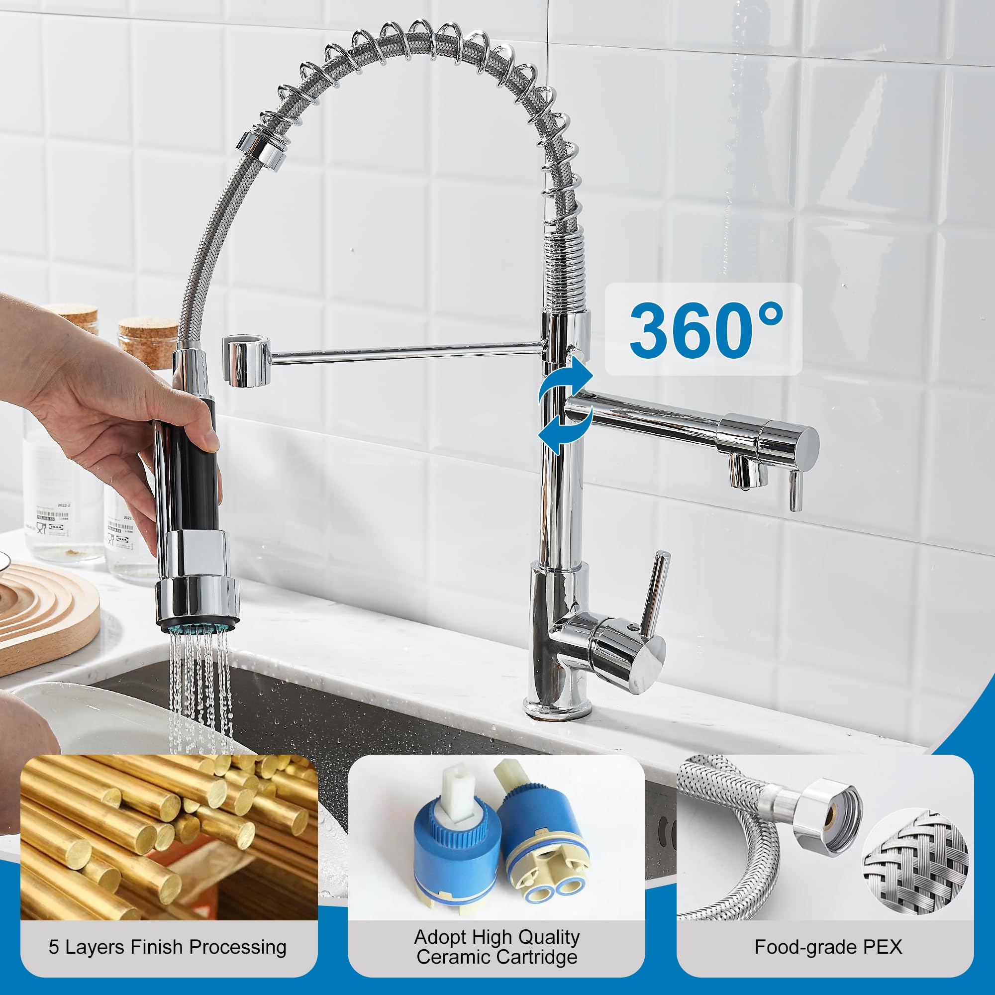 Kitchen Faucet with Pull Down Sprayer High Arc Single Handle Spring Kitchen Sink Faucet,Bright Chrome - Image 4