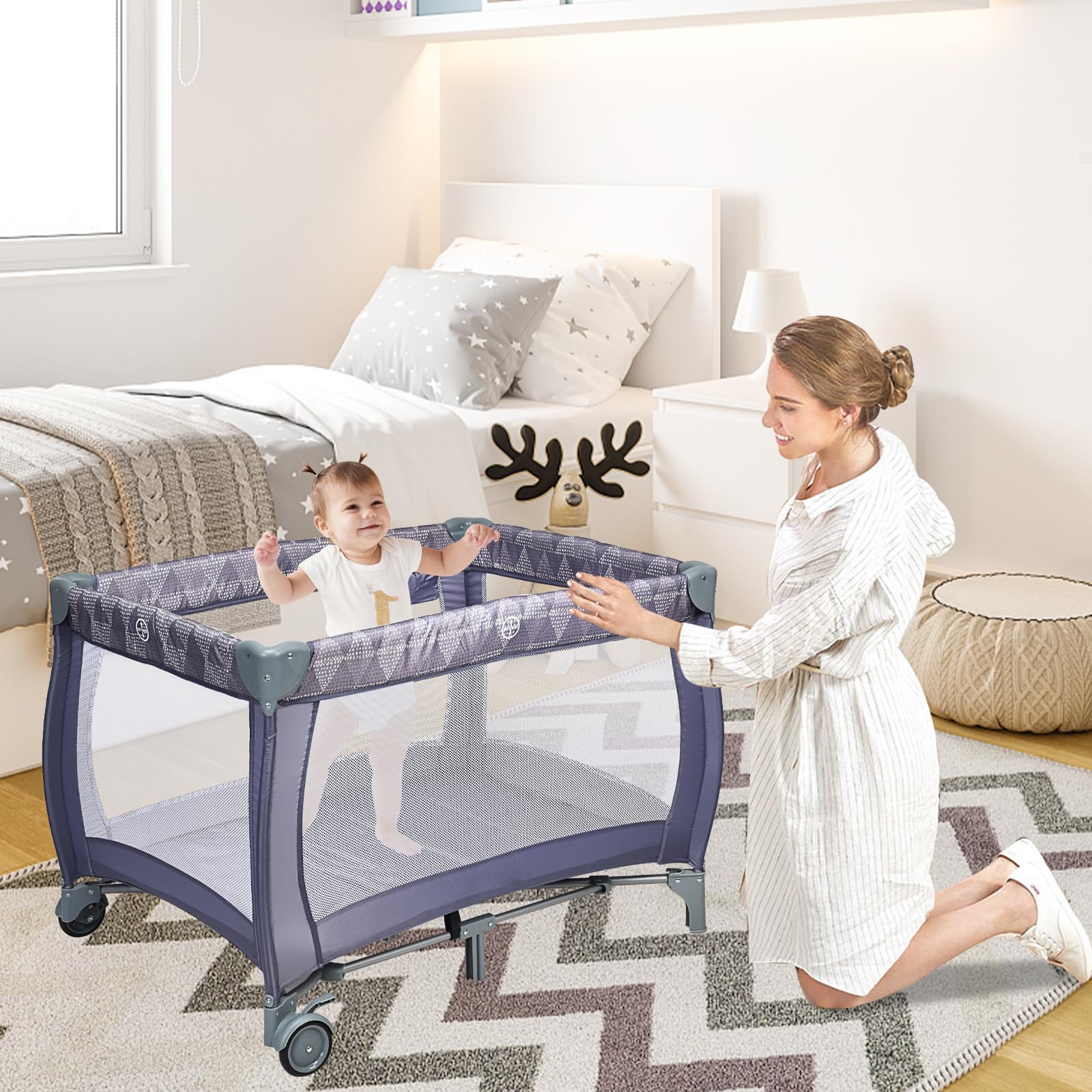 Maxmass 3 in 1 Baby Travel Cot, Foldable Bedside Crib with Changing Table, Hanging Toys, Wheel, Carry Bag, Infants Nursery Center Baby Cot Bed for 0-36 Months (Gray) — view 9