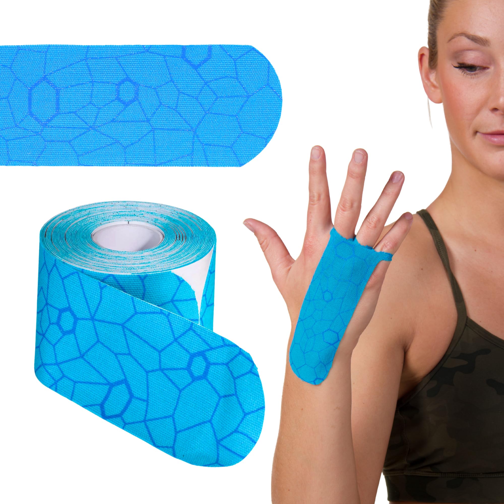 TheraBand Kinesiology Tape, Waterproof Physio Tape for Pain Relief, Muscle & Joint Support, Standard Roll with XactStretch Application Indicators, 2" X 10" Strips, 20 Precut Strips, Blue/Blue