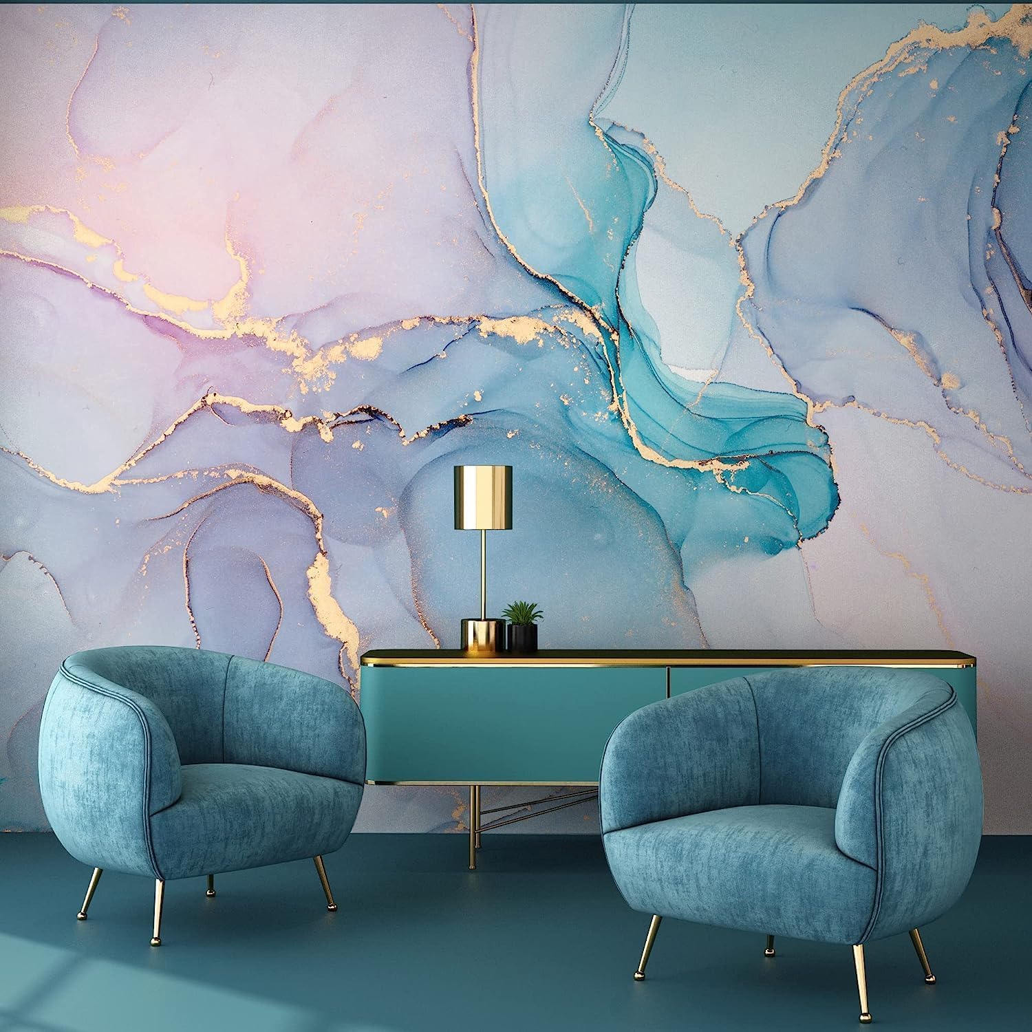 Papier peint 3D marbre bleu adhésif de décoration pour salon et chambre