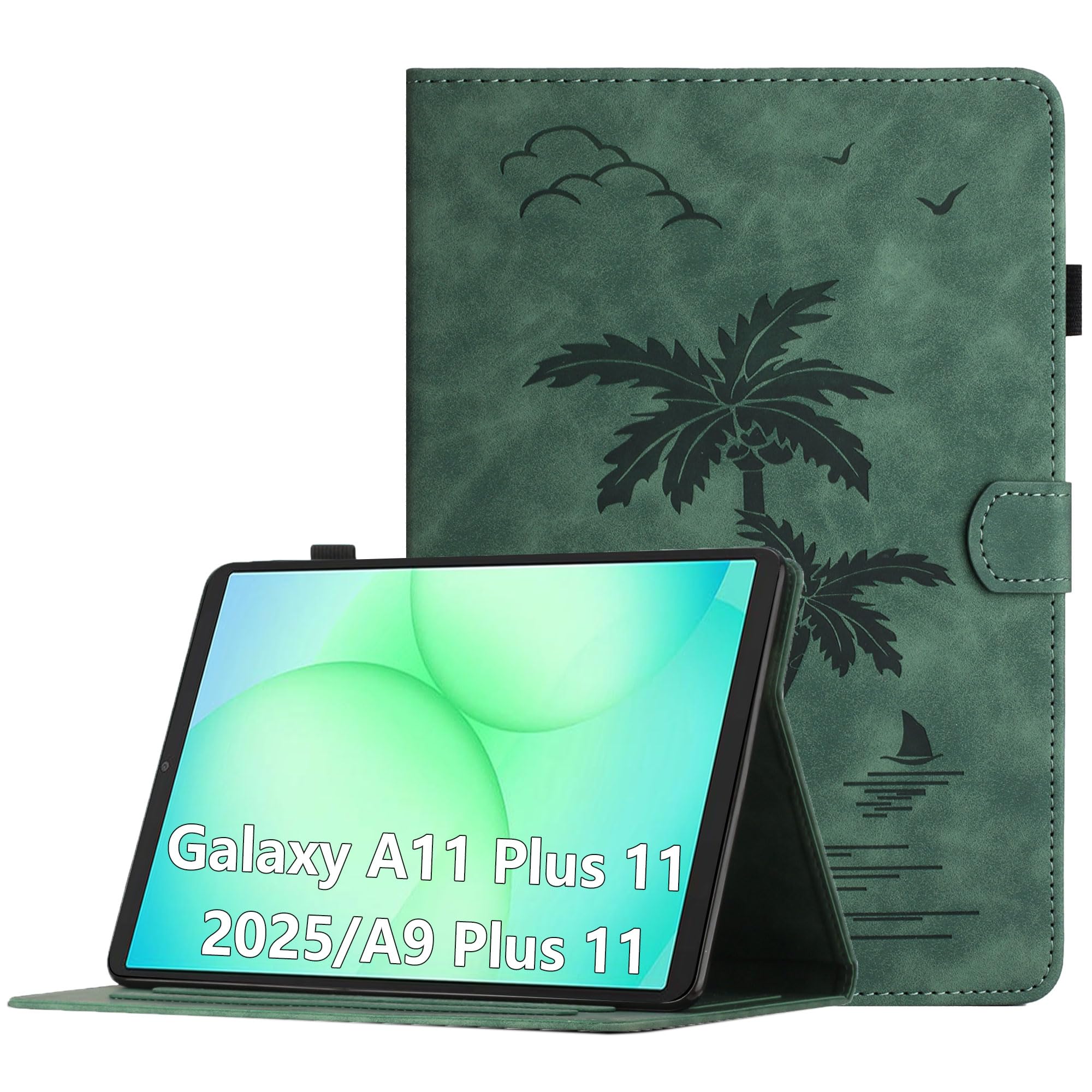 Oduio Hülle für Samsung Galaxy Tab A11+ A11 Plus 2025 11 Zoll/Galaxy A9+ A9 Plus 11" 2023 (SM-X236B/SM-X230/SM-X210) PU Leder Multi-Winkel Folio Schutzhülle mit Kartenschlitz,Stand Funktion,Grün