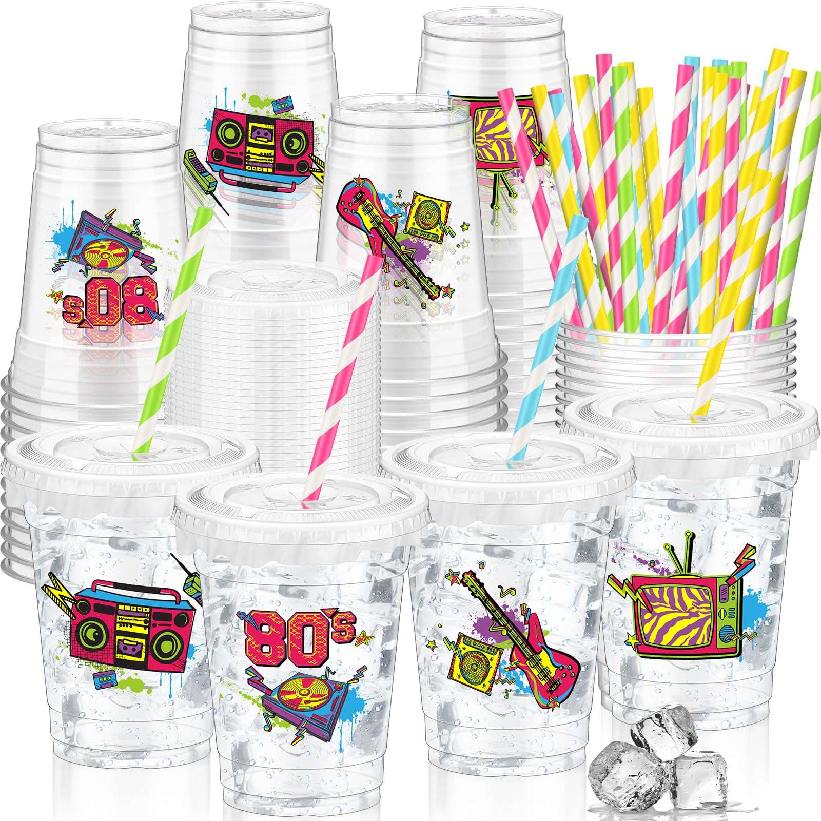 FoldTier 50 Pcs 80's Party Cups Disposable Plastic Cup 12 Oz G Back to 80s mugs Thick 80s Theme Clear mug Lids Straws Retro Music Party Supplies