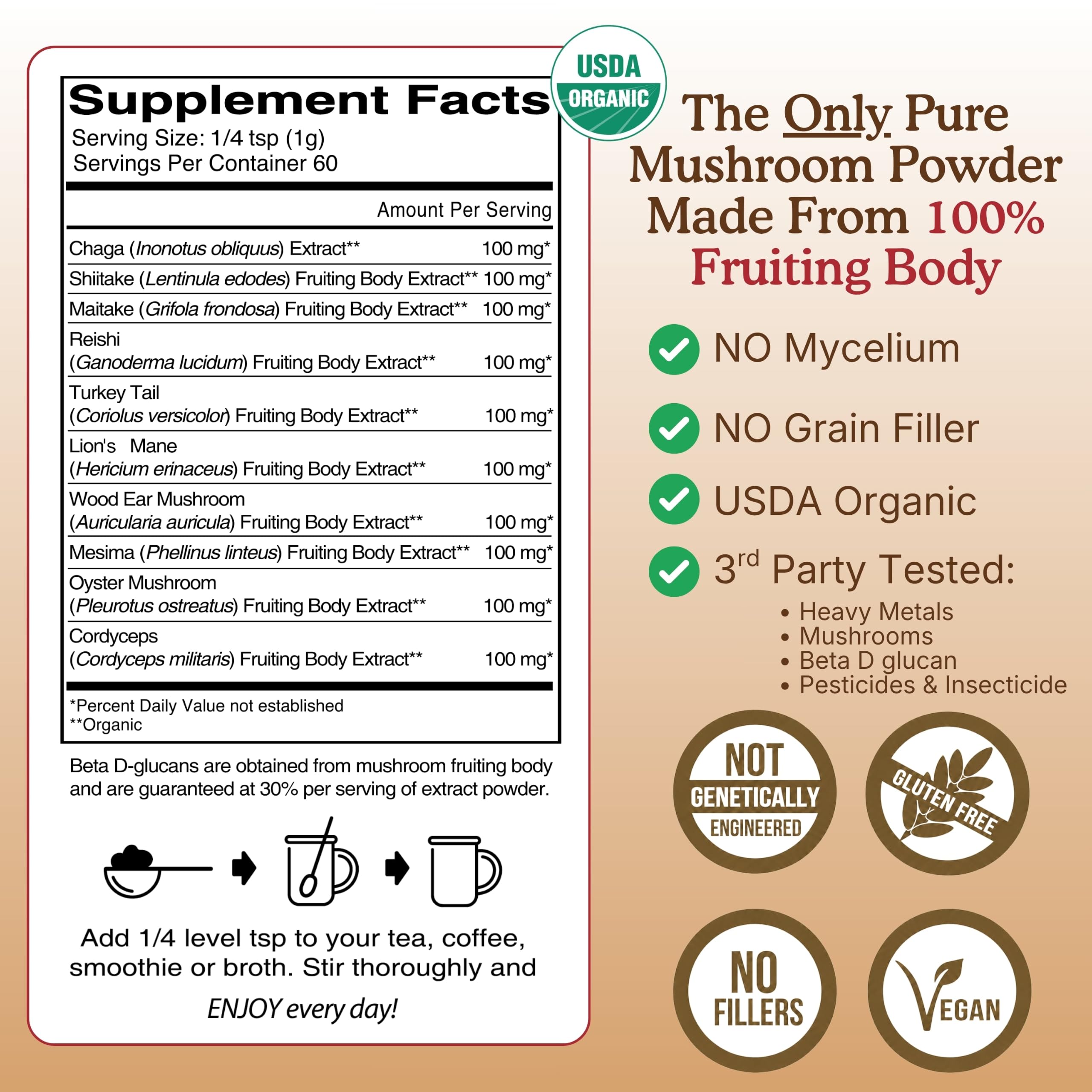 USDA Organic 10 Mushroom Supplement Powder, 14,000mg High Potency - 60gr — Amazon image 2