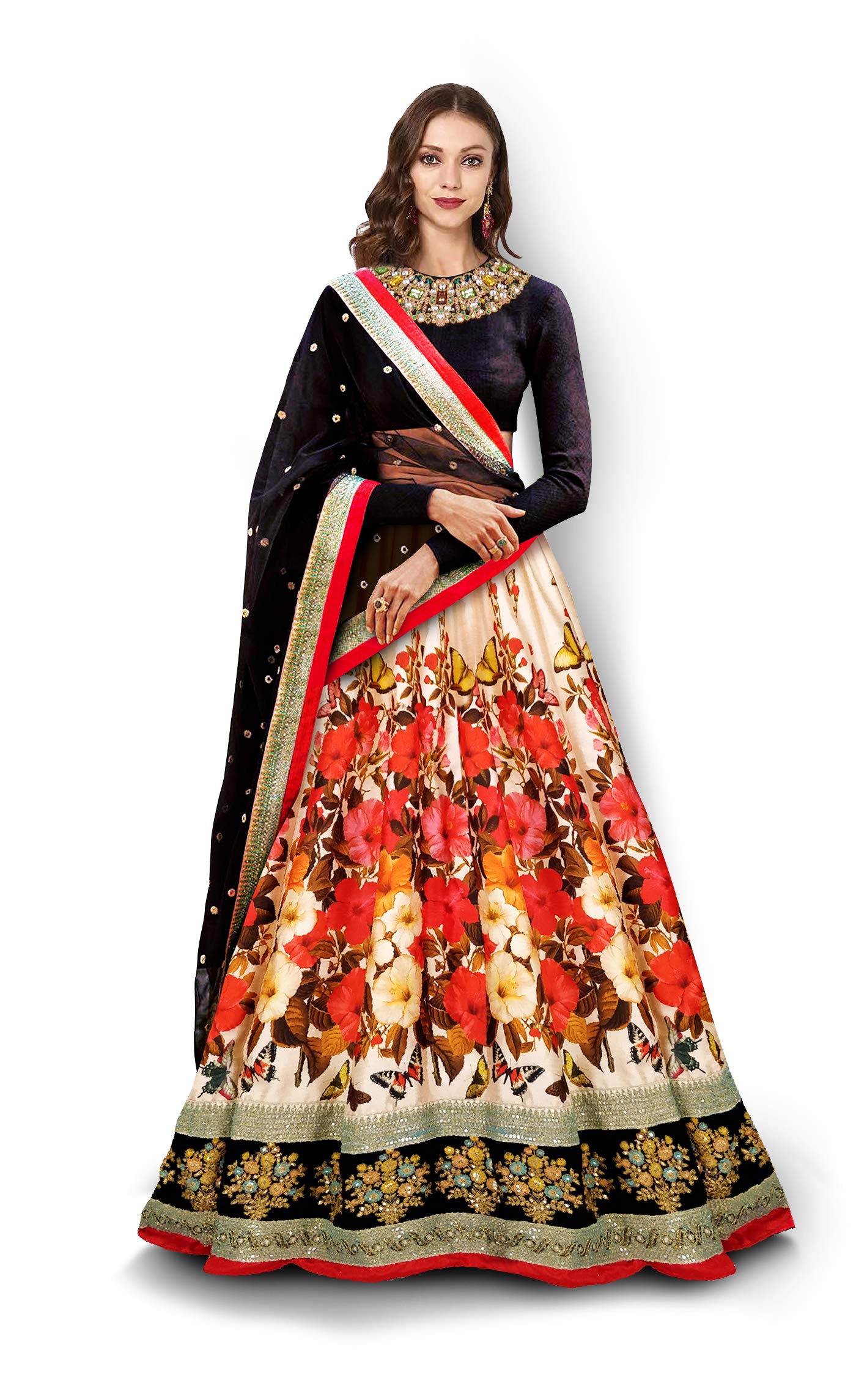 Zeel Clothing Women's Silk Semi-Stitched Lehenga Choli (7006-ZC_Black_Free Size)