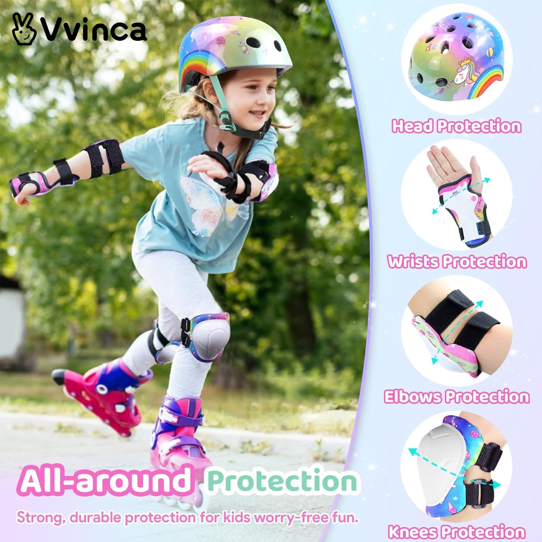 Vvinca Kids Toddlers Bike Helmet Adjustable for Ages 3-5-8 Years, Knee Pads and Elbow Pads Set Wrist Guard Sports Protective Gear Set for Roller Skate Bicycle Skateboard Scooter Girls Birthday Gift