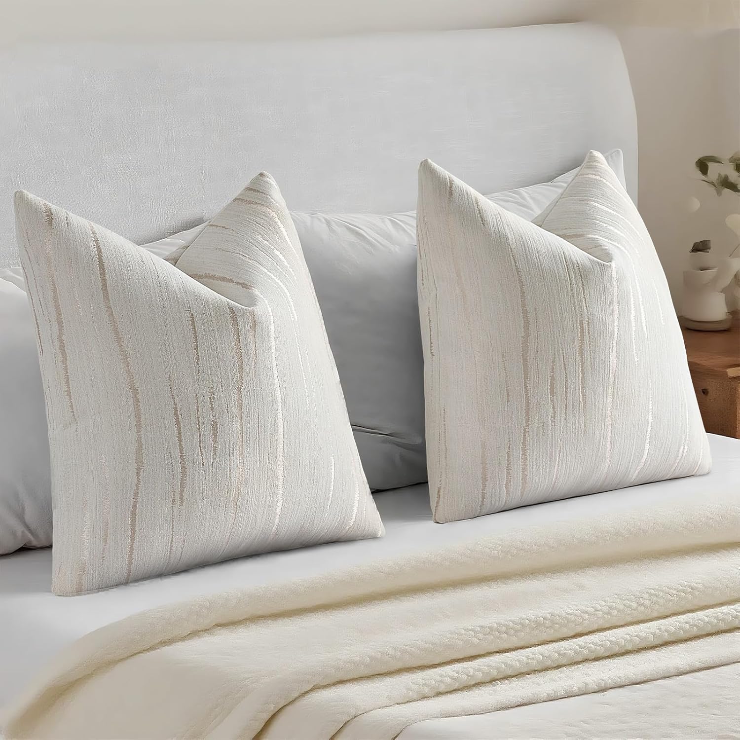 HAUSSY Cream Throw Pillow Covers 22x22 Inch Set of 2, Boho Embossed Striped Textured Decorative Pillowcases Soft Chenille Cushion Cases, Modern Home Decor for Couch Bed Living Room