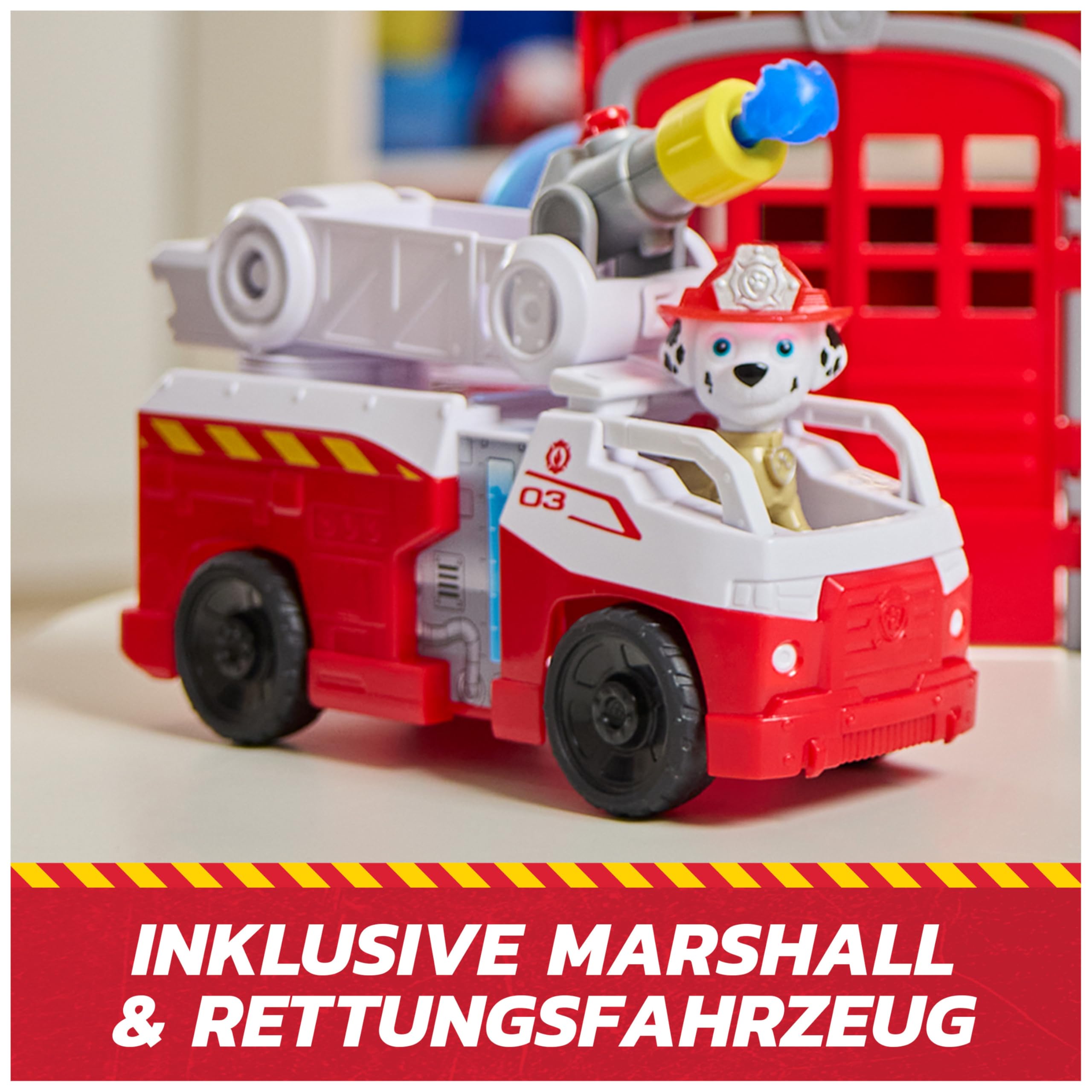 PAW PATROL – Fire Rescue Feuerwehr-Station mit Licht- und Soundeffekten, Wasserkanone, Rutschstange und Startrampe, ca. 38 cm, inkl. Marshall-Figur und Feuerwehrauto, für Kinder ab 3 Jahren
