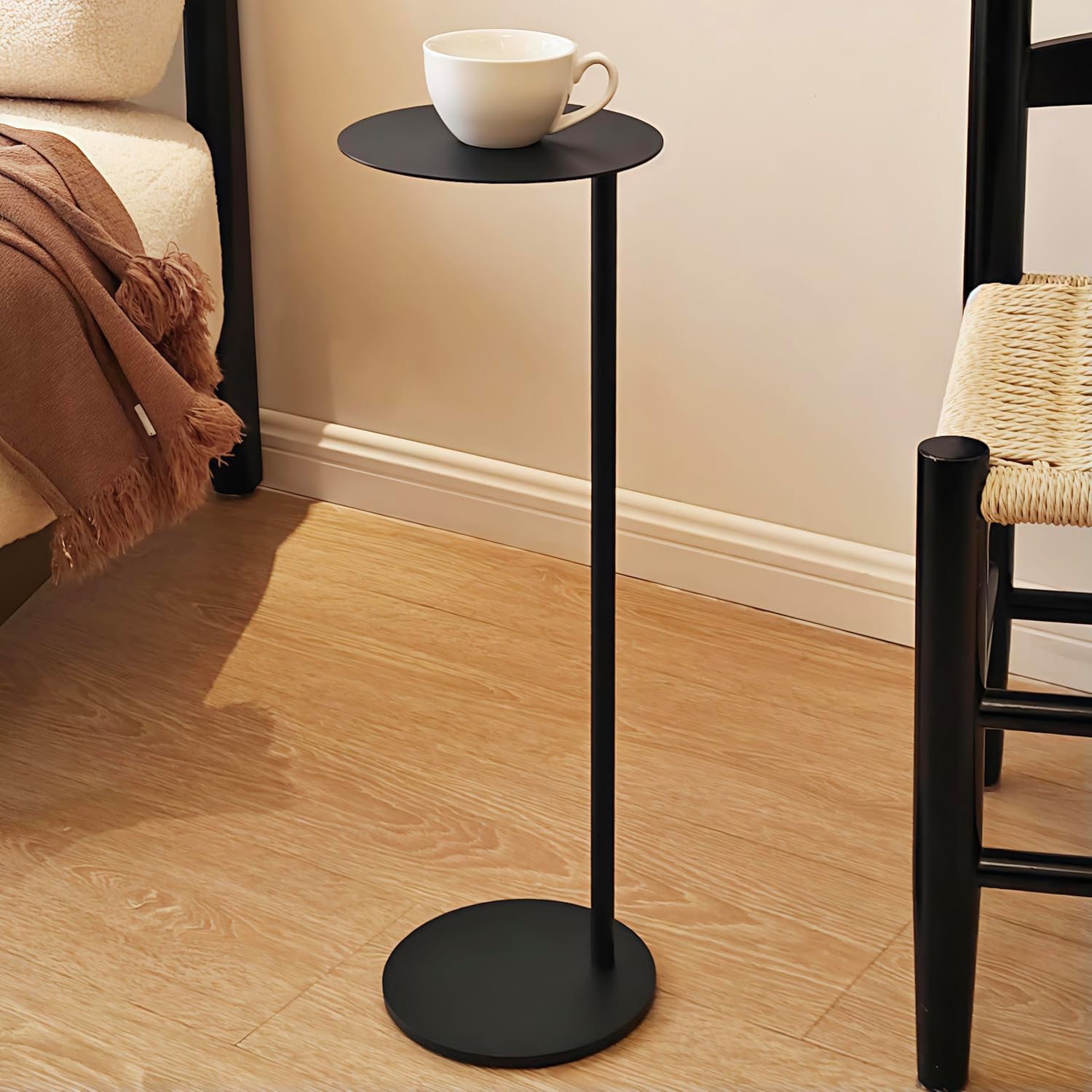 Premium Round Mini Side Table, End Table, Drink Table, Small Pedestal Side Table with Upgraded Weighted Metal Base, for Livingroom, Bedroom, Bathroom, Balcony, Small Spaces (Black)