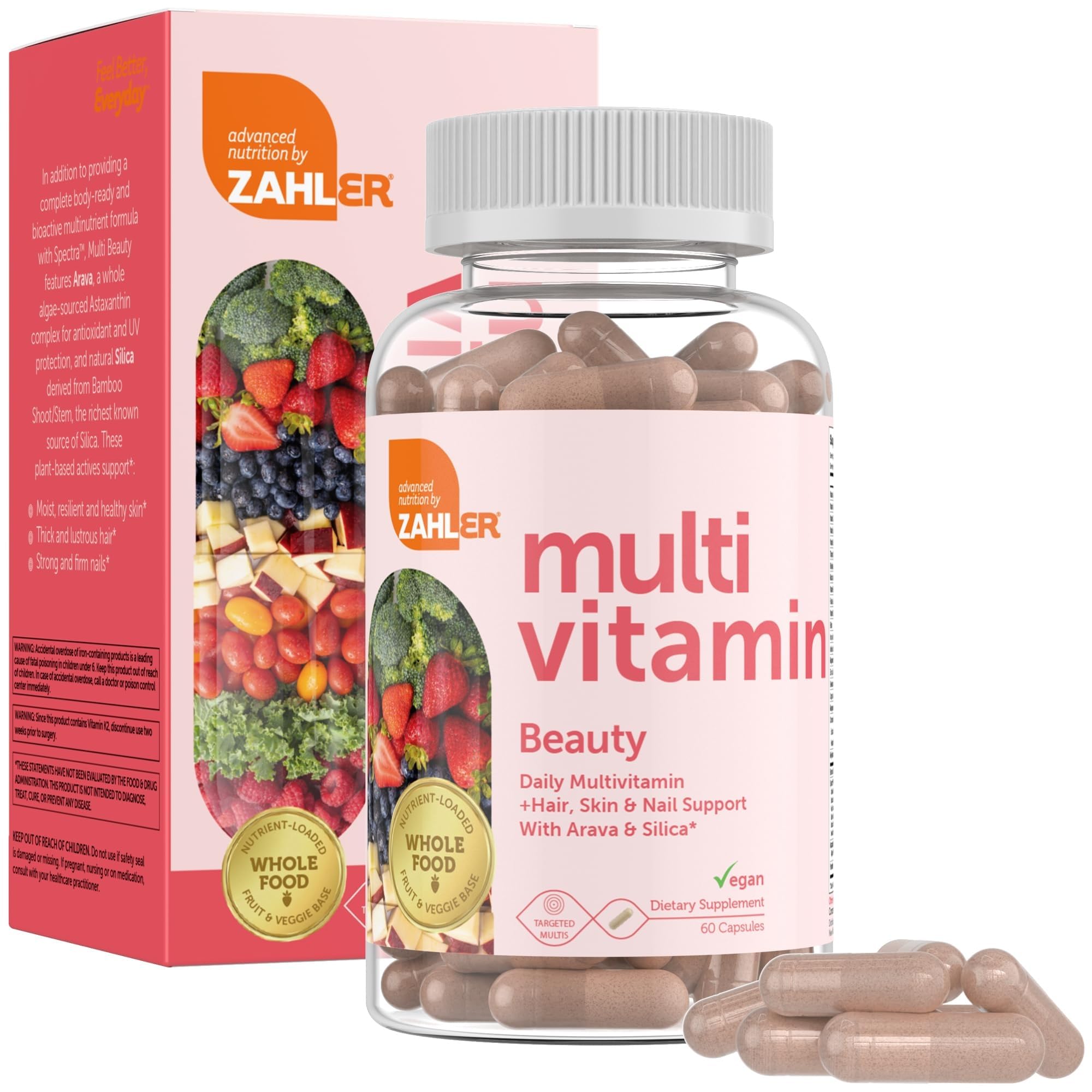 Zahler Multivitamin Beauty + Skin Hair and Nails Support, Multivitamin for Women and Men with Iron, Certified Kosher, 60 Capsules Unflavored