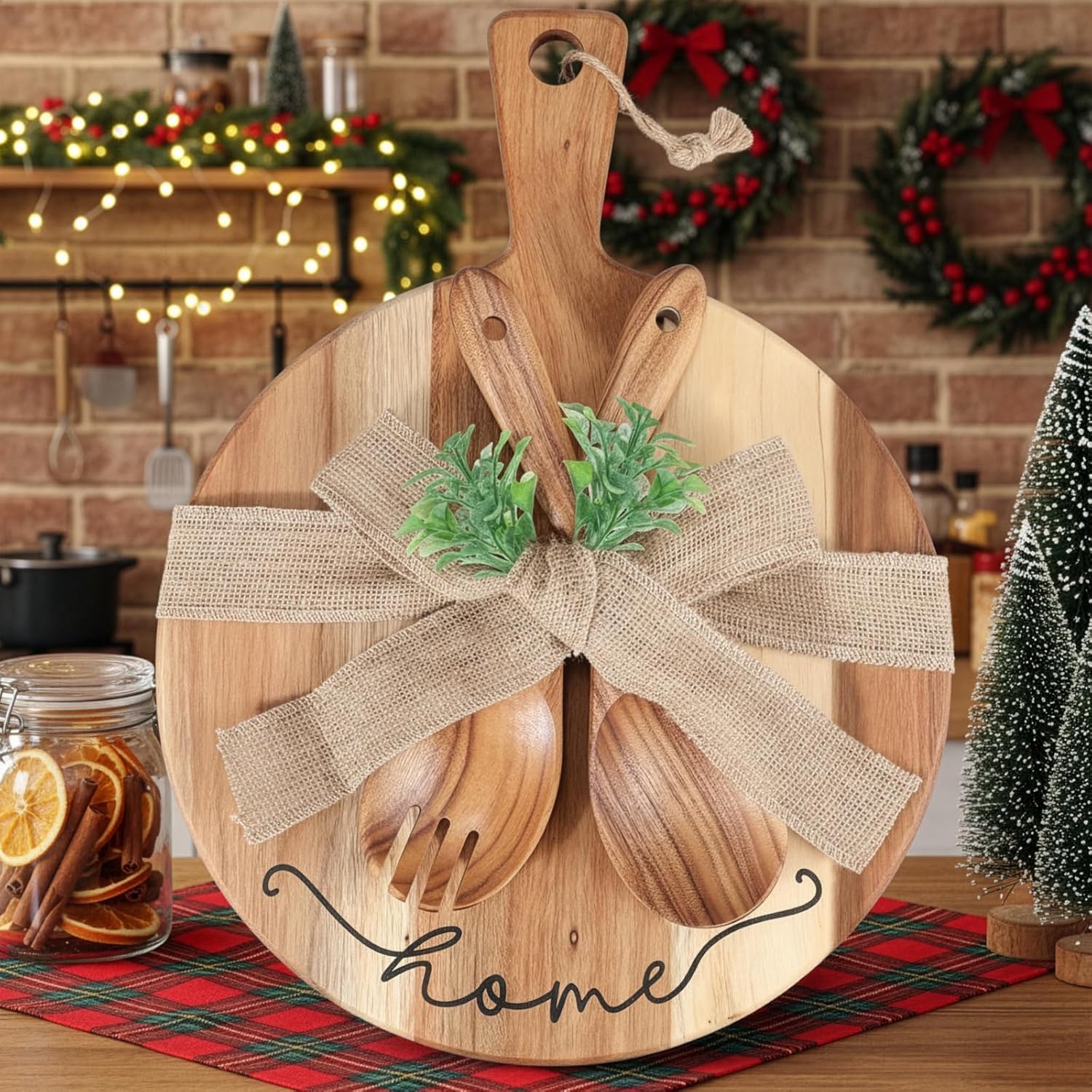 Patelai Cutting Board Gift Housewarming Cutting Board with Spoon Fork and Ribbon Charcuterie Boards Wooden Serving Tray for Cheese Fruit Bread Salad Vegetables Snack Dessert
