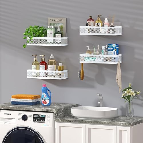 Miniatura 4 de PUSDON Cestas de almacenamiento colgantes para montaje en pared, estante de almacenamiento de alambre de metal para cocina, baño, ducha, estante de