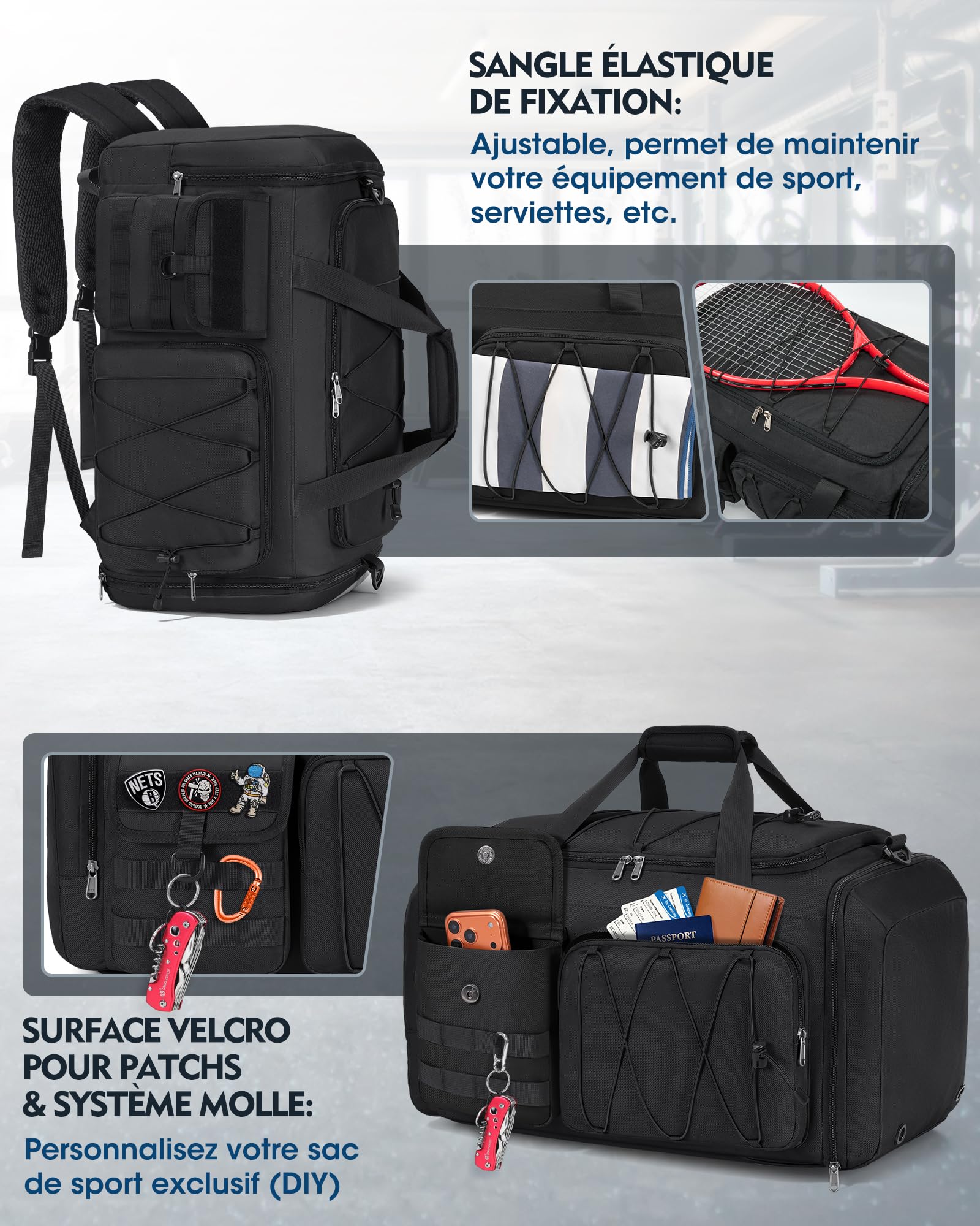 RAINSMORE Sac de Sport Homme Femme 45L, Sac de Voyage 3 en 1 Bagage avec Compartiment Chaussures et Séparation Humide, Sac Fitness Gym Imperméable pour Yoga Weekend Noir