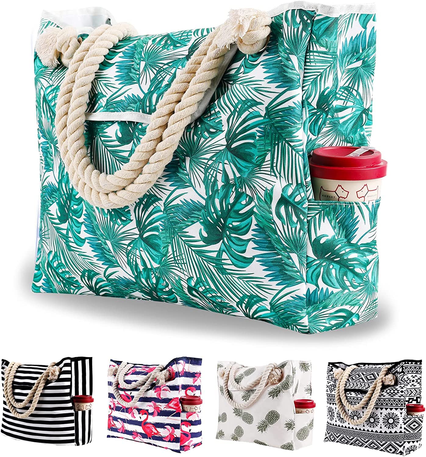 GenovegaBolsa de Playa Lona Grande XXL Mujer, Totalizador con Asas de Verano, Bolso Tela de Mano Familiar con Bolsillos, Bolsa de Hombro con Cuerda de Algodón para Viaje Compras