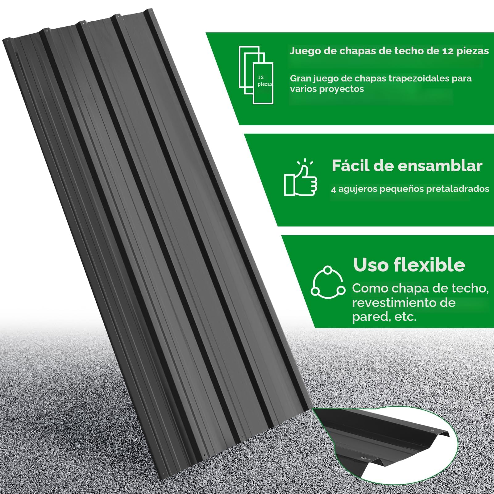 Chapa trapezoidal para techos, 12 unidades, 7 m², 110 x 45 cm, metal galvanizado, resistente a la corrosión, resistente a la intemperie, chapa de techo ondulada (BLACK-12 unidades)