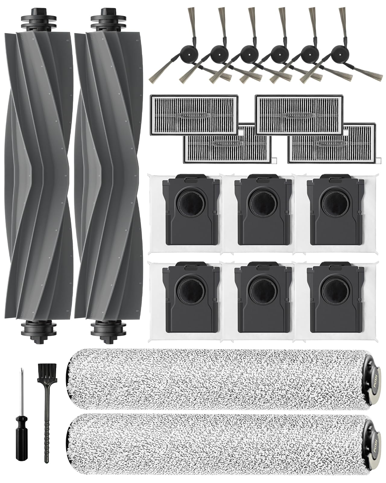 22 Stk. Zubehörsets für Mova S70 Roller/ S70 Ultra Roller Saugroboter: 2 Hauptbürste, 2 Rollenwischer, 6 Seitenbürste, 4 HEPA-Filter, 6 Staubbeutel, 1 Bürste, 1 Schraubendreher