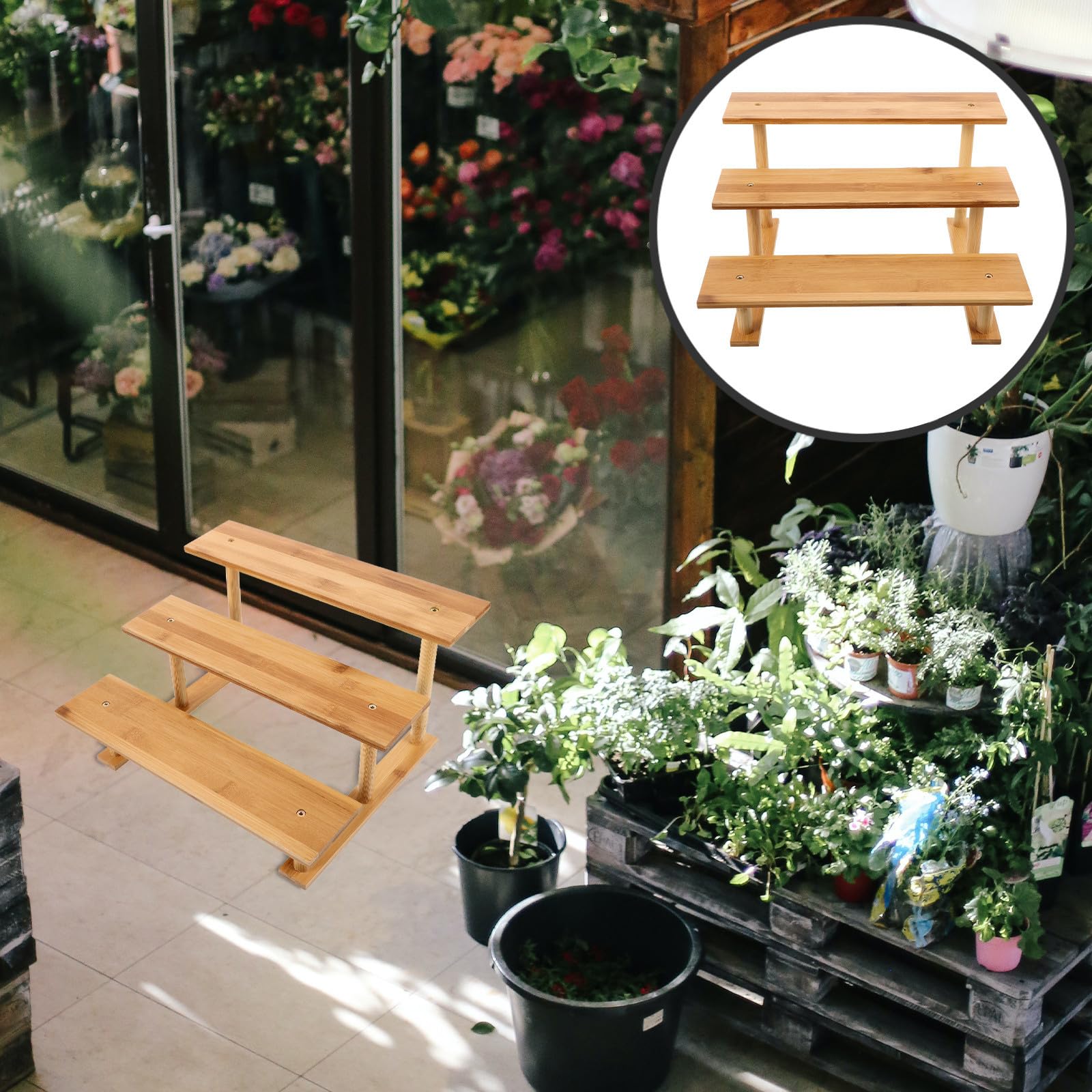Fioriera in legno a 3 ripiani per interni e ingresso, facile da pulire e sollevare vasi perfetti per la decorazione della casa e l'esposizione delle piante