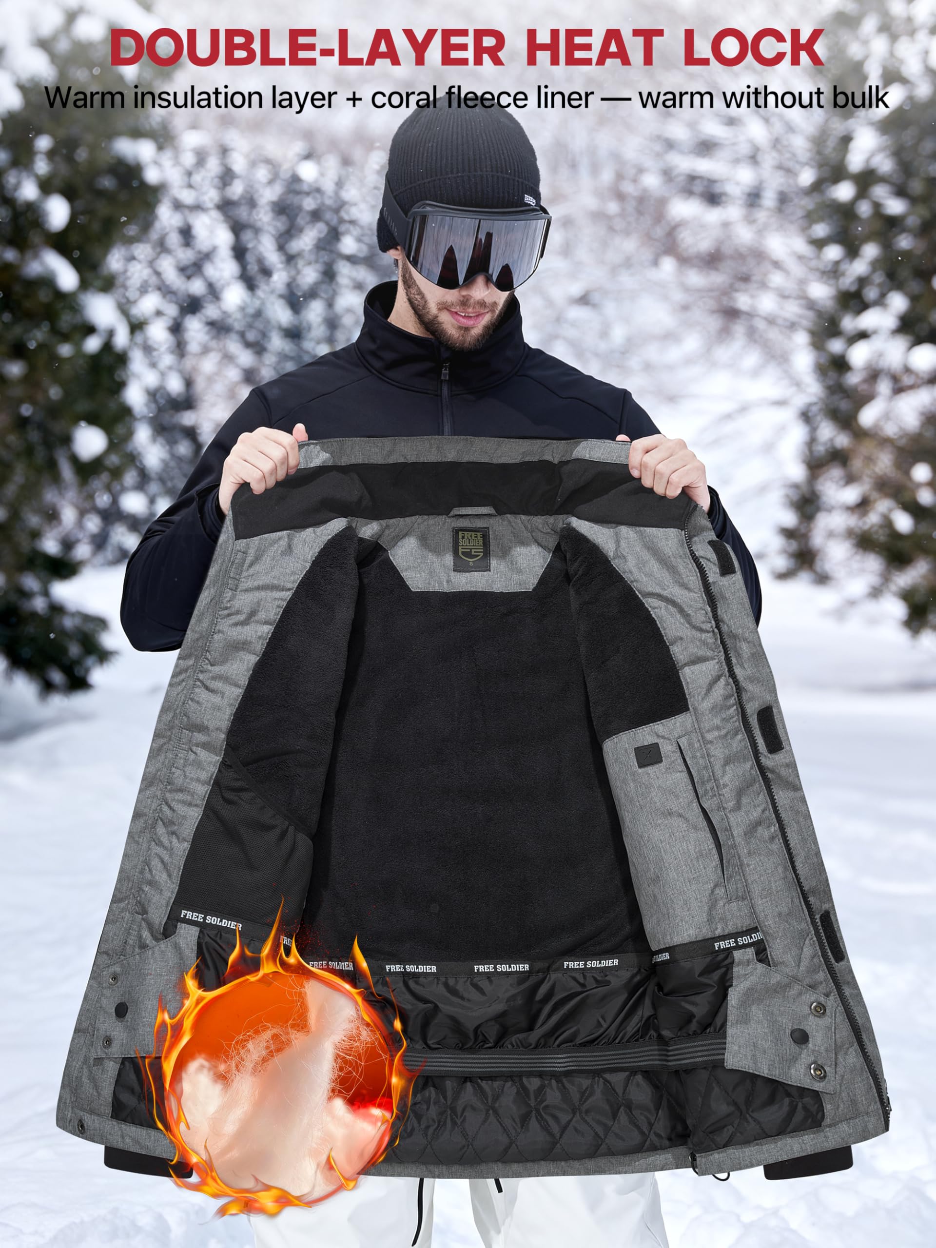 FREE SOLDIER Men's Waterproof Ski Jacket Fleece Lined Warm Winter Snow Coat with Hood Fully Taped Seams