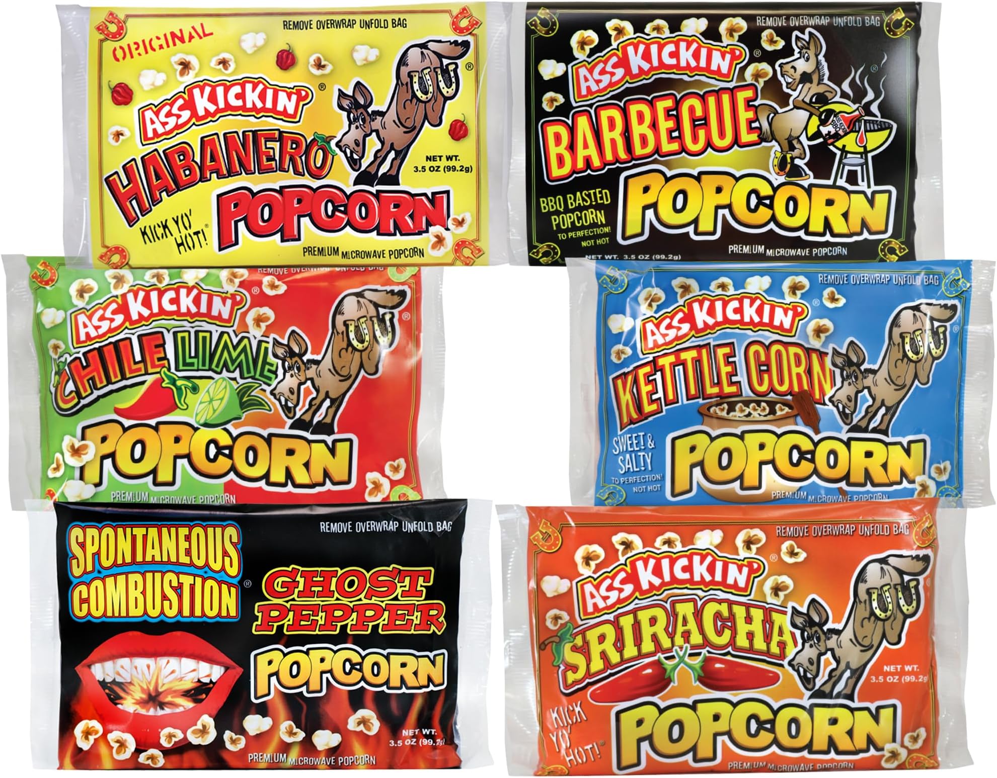 ASS KICKIN' Premium Microwave Popcorn – Variety Gift Pack (6) - Ultimate Spicy and Sweat Gourmet Gift - Try if you dare!