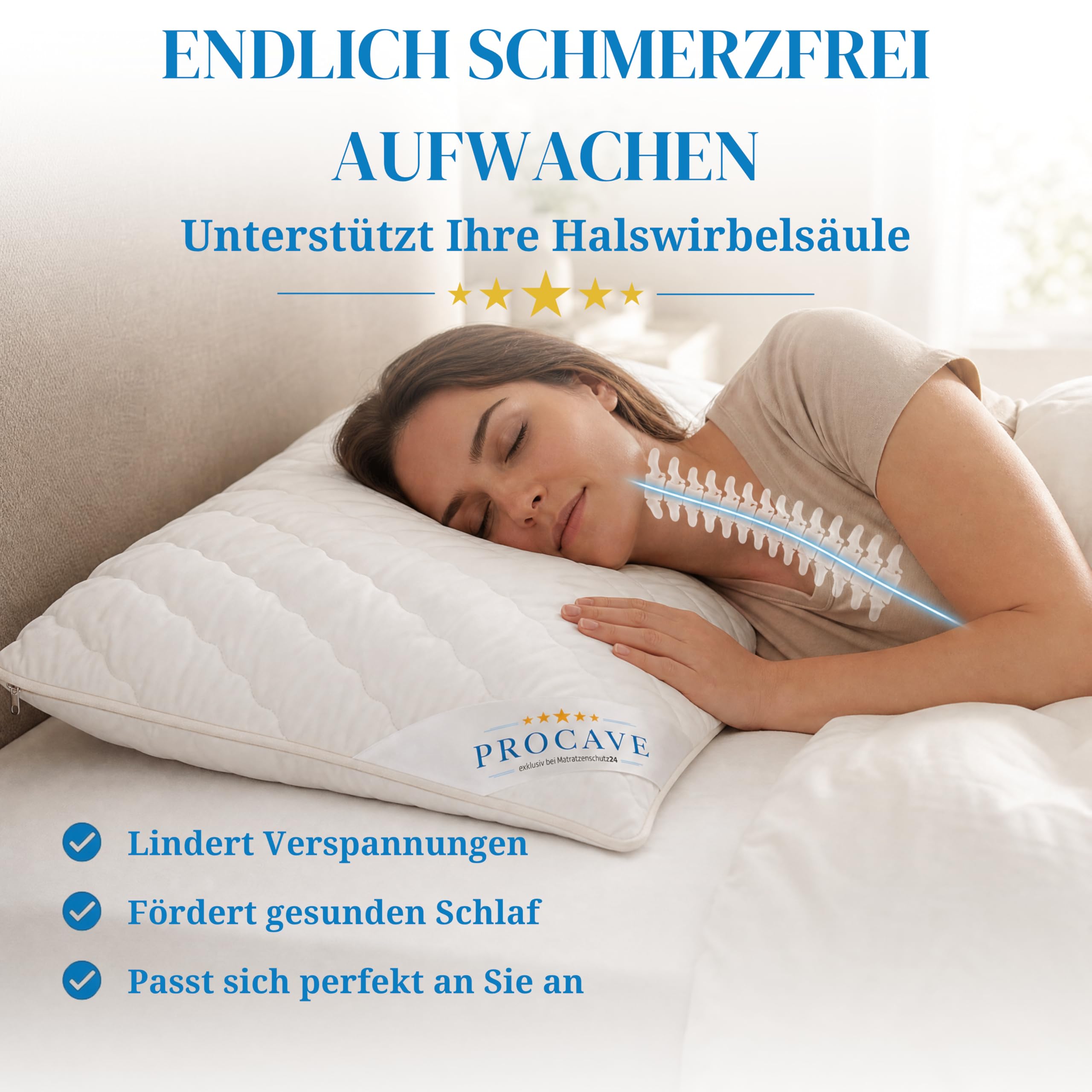 PROCAVE Dinkelkissen 40x80cm, Made in Germany, atmungsaktives Kissen mit Dinkel-Spelz, Körner-Kopf-Kissen mit waschbarem Bezug aus Baumwolle