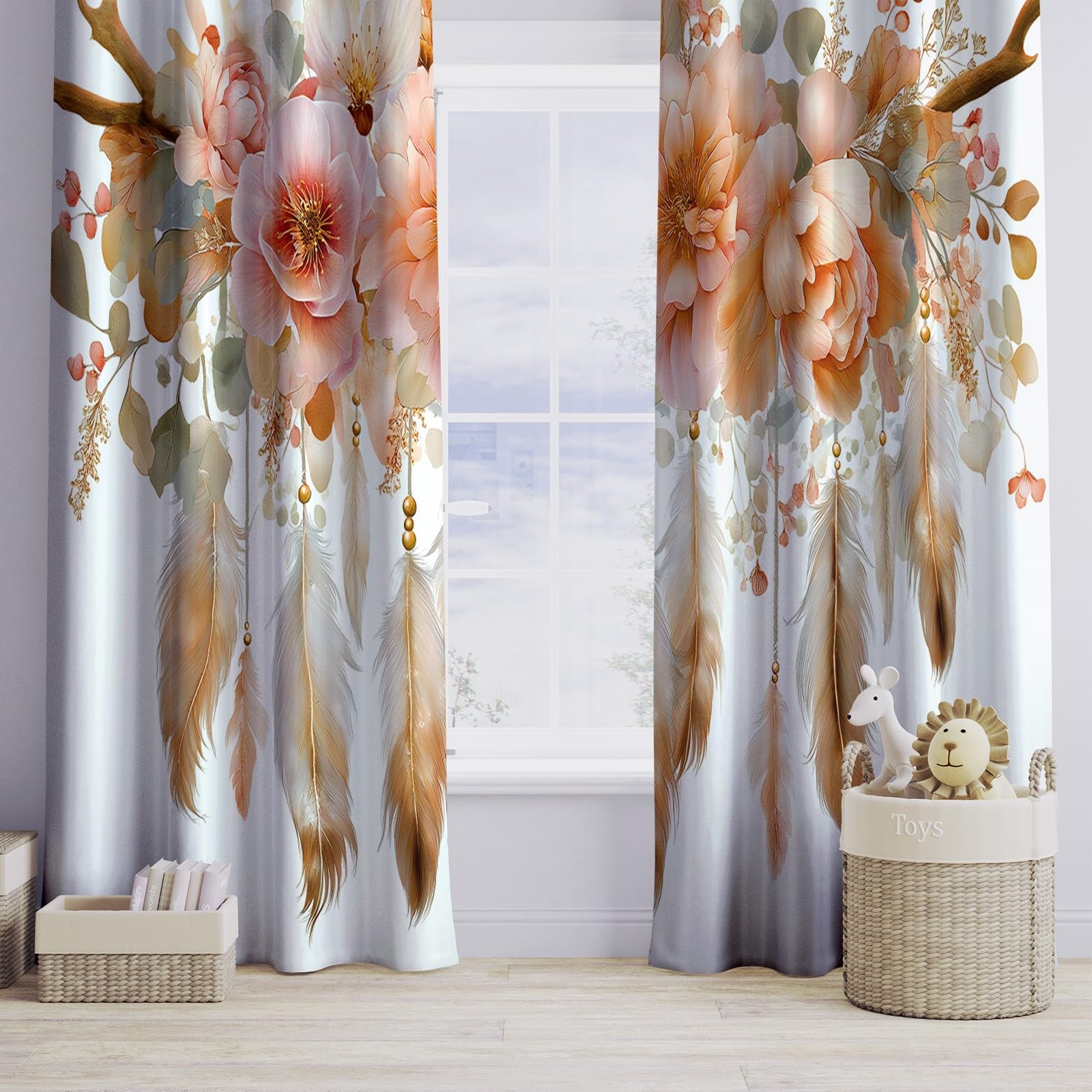 Verdunkelungsvorhang Wohnzimmer Böhmen Federn - Thermovorhang Blickdicht mit Ösen 91.5 x 214 cm (2er Set), Weiß Gardinen Blumen Traumfänger für Büro & Schlafzimmer