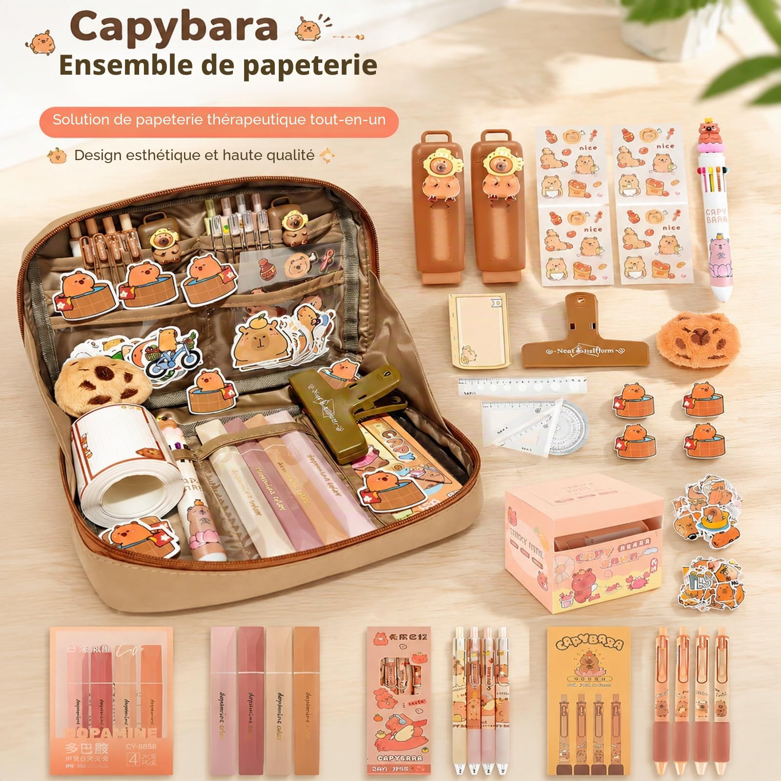 Trousse Capybara 81 Pièces Set, Capybara Papeterie avec Stylos, Pinces, Autocollants, Règles Et Plus Encore, Fournitures Scolaires et de Bureau, Cadeau Rentrée ou Anniversaire