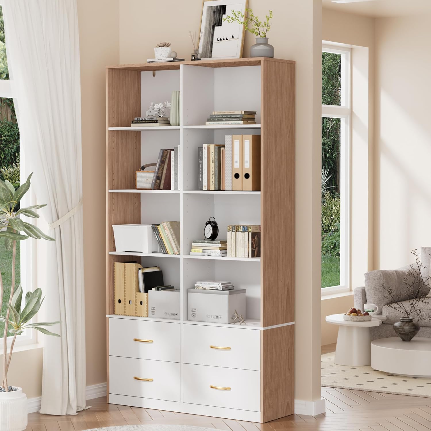 70" Tall Bookshelf with 4 Drawers and Adjustable Shelves, Mid Century Modern Bookcase Storage Organizer, Standing Display Shelving Unit for Home Office, Bedroom and Living Room (Natural)