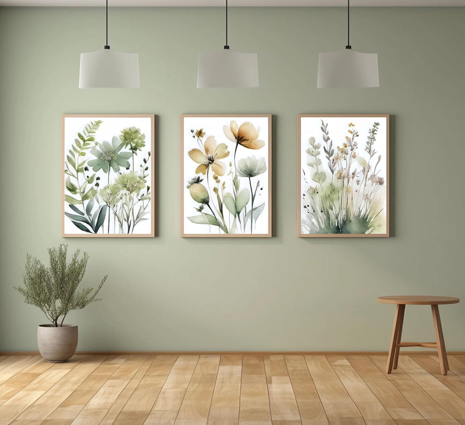 3Pcs Sage Green Botanical Canvas Wall Art Minimalist Flower Boho Floral Painting Picture Wall Decor Posters Prints Artwork For Living Room Bedroom Office Kitchen Home Decoration Unframed