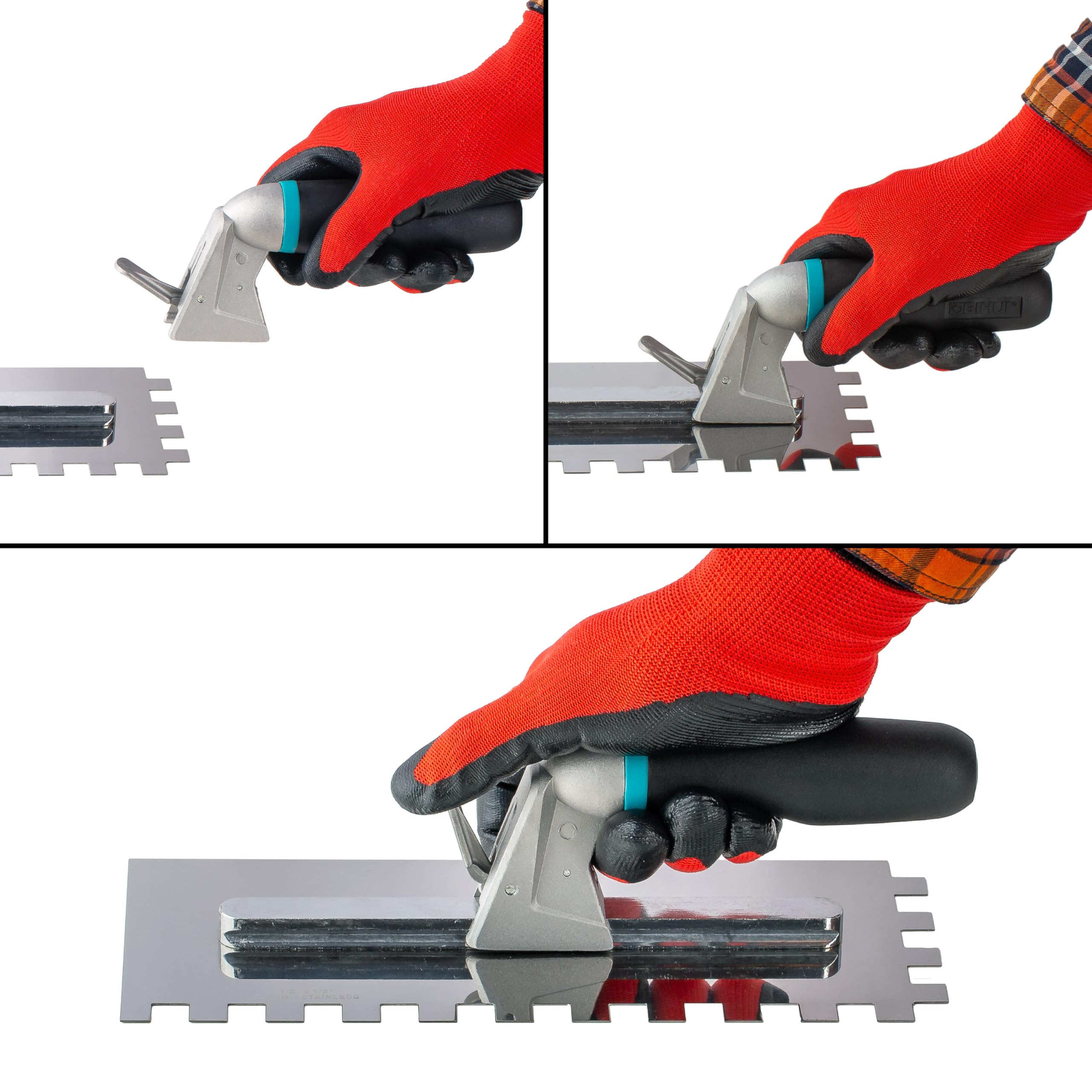 MIVOS Set di Frattazzi con manico staccabile e scatola per il trasporto - 6, 8, 10, 12 mm, Tipo U, tipo Tiger - 6 Frattazzi dentati - Frattazzi in acciaio inox con impugnatura morbida - Cazzuola
