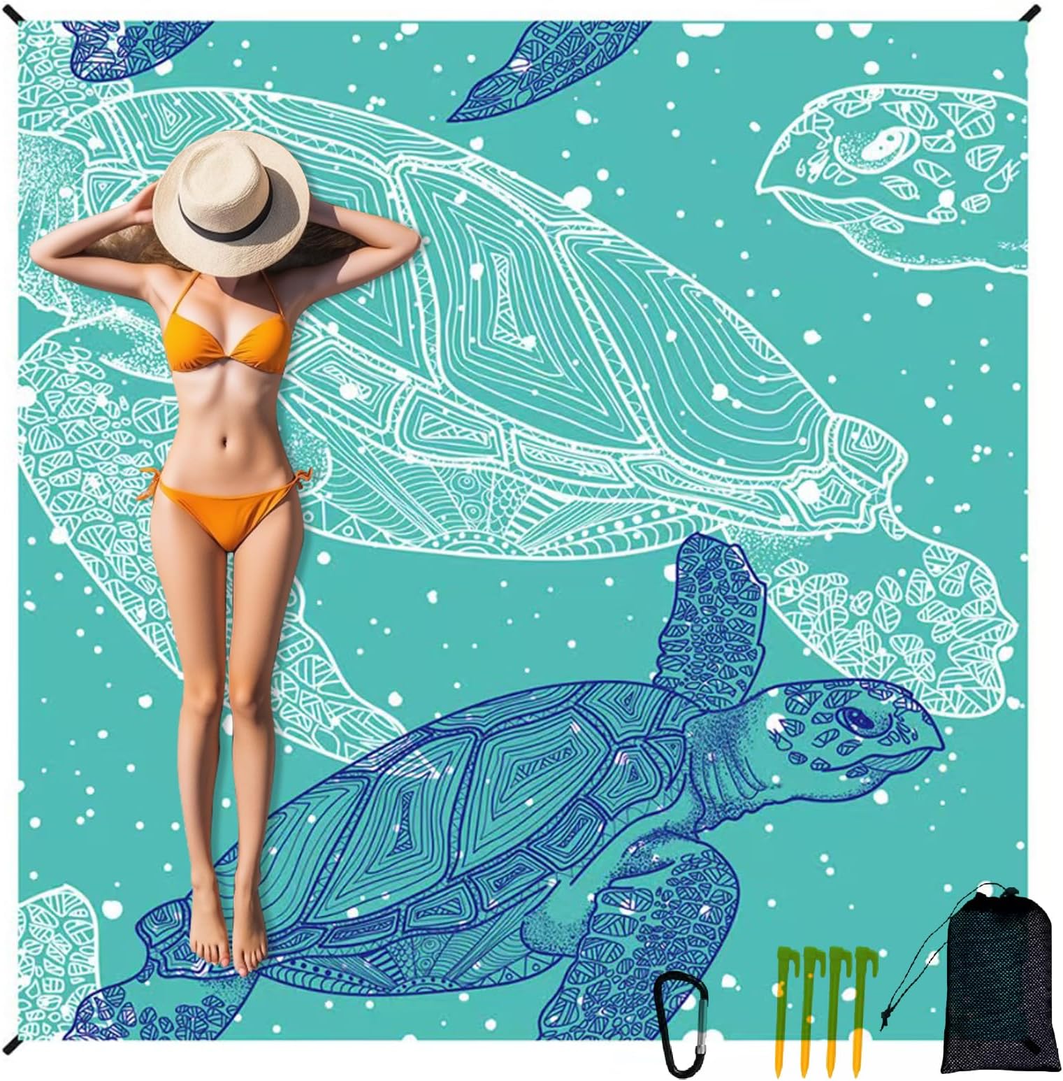 Beach Blanket Waterproof Sandproof Lightweight Durable Extra Large 79“×83”Beach Mat,Outdoor Travel Picnic Blanket (6.6×6.9FT(1~4Person), Green Sea Turtle)