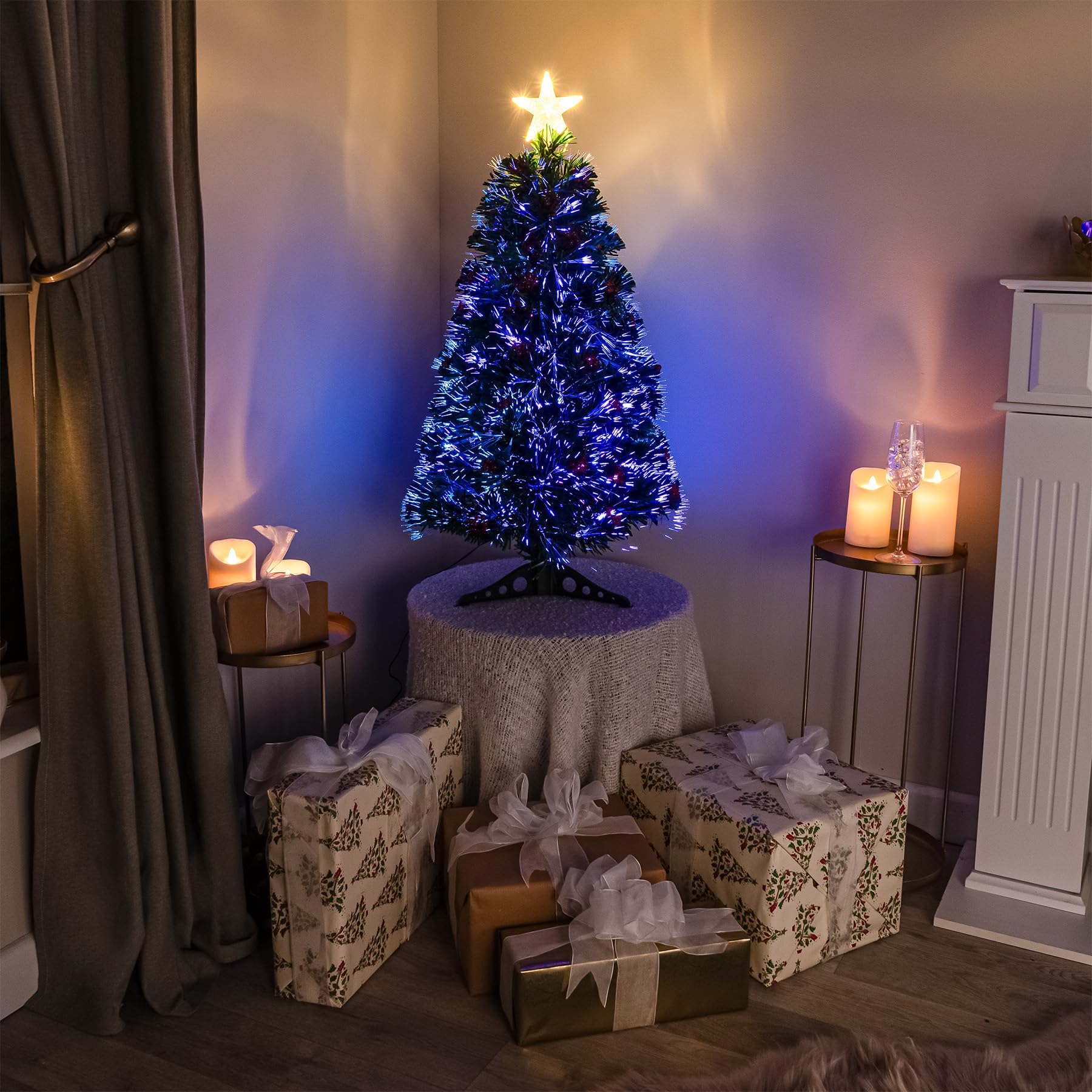 The Christmas Centre Multicolour Led Green Fibre Optic Artificial Xmas Tree With Red Berries 2Ft