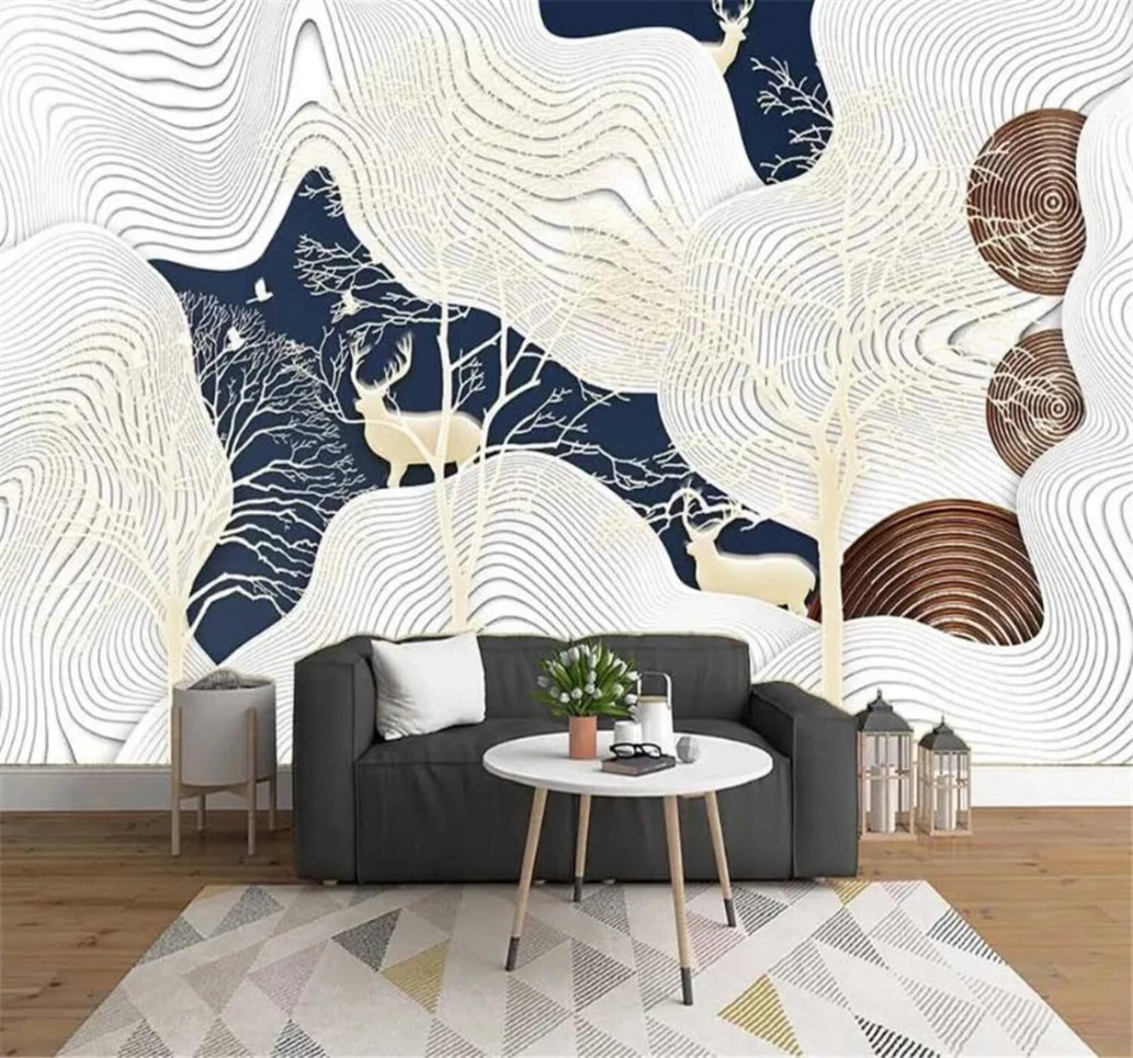 Tzxztt Creative Forest Reindeer Abstract Lines Modern 3D Wallpaper Premium Textured Silk Neutral Tones Material Ideal for Living Room Bedroom-430cm×300cm