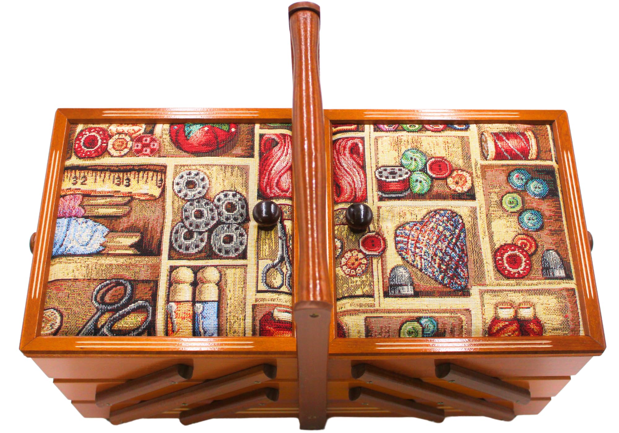 Boîte à couture de qualité supérieure en bois plaqué avec 7 compartiments et housse en tissu - Motif aiguilles en acajou - Dimensions (L x l x H) : 42 x 20 x 21 cm