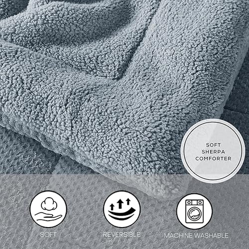 Miniatura 3 de KASENTEX - Lujoso edredón de sherpa de pelo sintético, acogedora ropa de cama reversible apta para lavar a máquina, en color azul grisáceo, tamaño