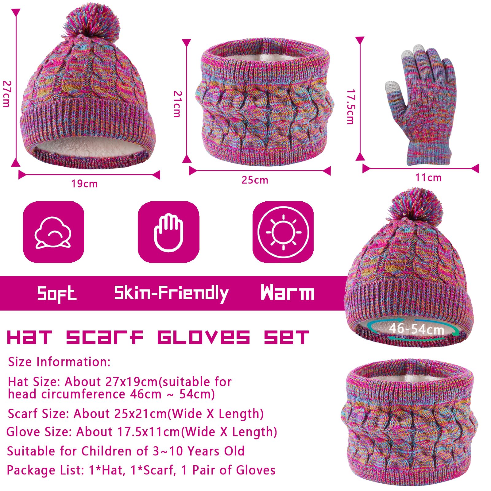 3 en 1 Echarpe et Gants Bonnet Ensemble Trois Pièces, Enfant Tricoté Tour de Cou Chaud Enfants Gants Bonnet, Hiver Accessoires Ensemble Set Pour Garcon Filles 3 à 10 ans