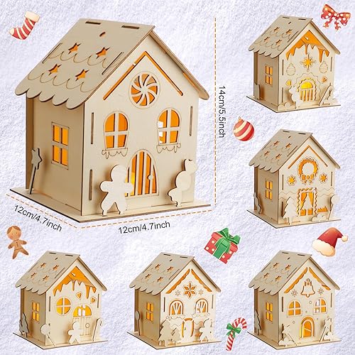 Miniatura 2 de Spiareal Juego de 24 juegos de portavelas de madera de jengibre, casas de Navidad luminosas de madera con bolígrafos de acuarela y velas LED sin