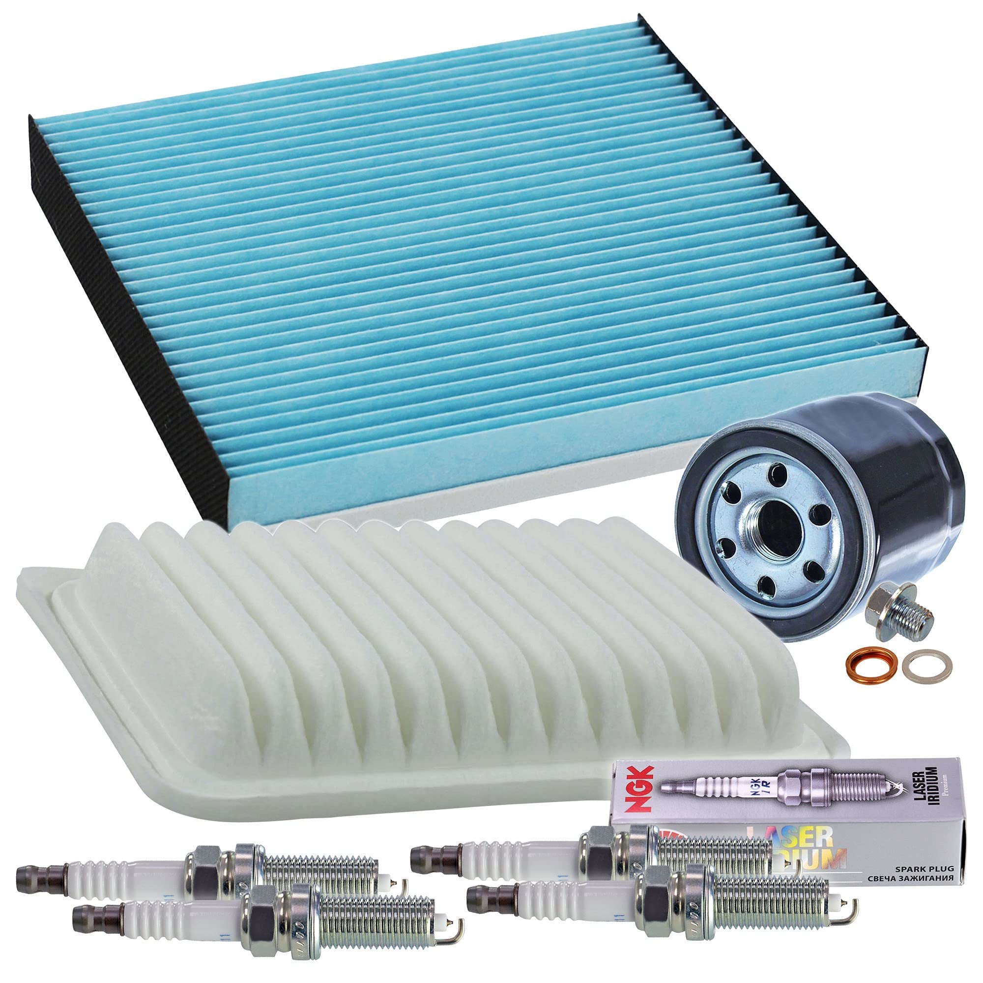 BESTPRICE Paquete de inspección juego de filtros con 1x filtro de aire, 1x filtro de habitáculo, 4x bujía NGK ILKAR7B11, 1x tapón de drenaje de aceite con junta Compatible con TOYOTA AURIS (_E15_)