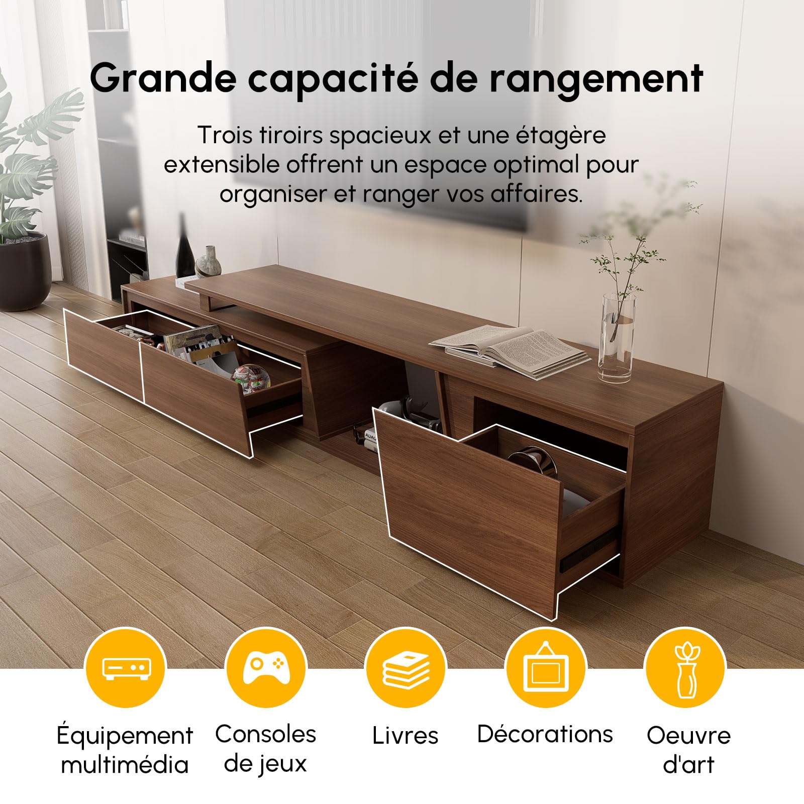 Homary Meuble TV Extensible Bois Noyer 180-280cm Longueur avec 3 Tiroirs Spacieux, MDF Écologique, Rangement Ouvert, Design Moderne pour Salon, Installation à Gauche/Droite