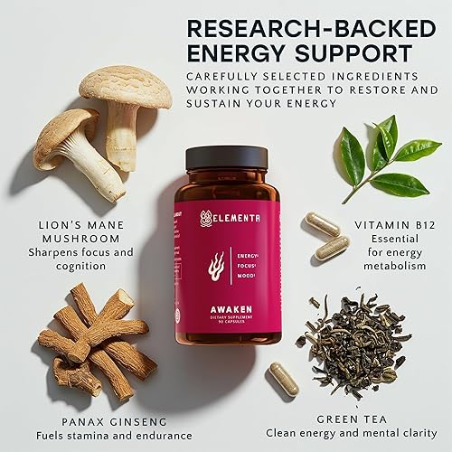 Miniatura 4 de ELEMENTA Awaken - Suplementos cerebrales para la memoria, la concentración y la energía  Melena de león, Panax Ginseng, té verde cafeína y taurina