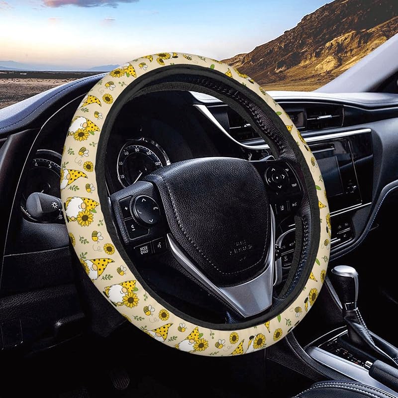 Capa para Volante NeuKim em Neoprene com Estampa Gnome Bee Sunflower para Carro, SUV, Caminhão e Van, 38,1 cm
