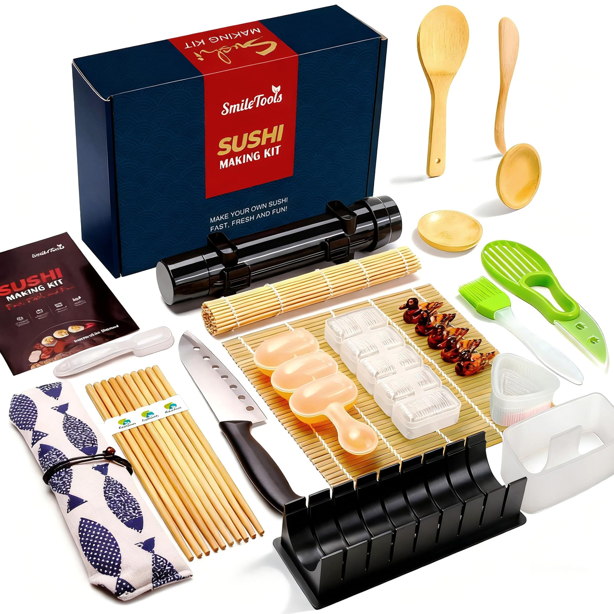SmileTools Sushi Making Kit, 28 in 1 Sushi Roller Kit with Bamboo Mats, Sushi Bazooka, Nigiri Gunkan Sushi Mold, Musubi Maker, Rice Ball Mold & More