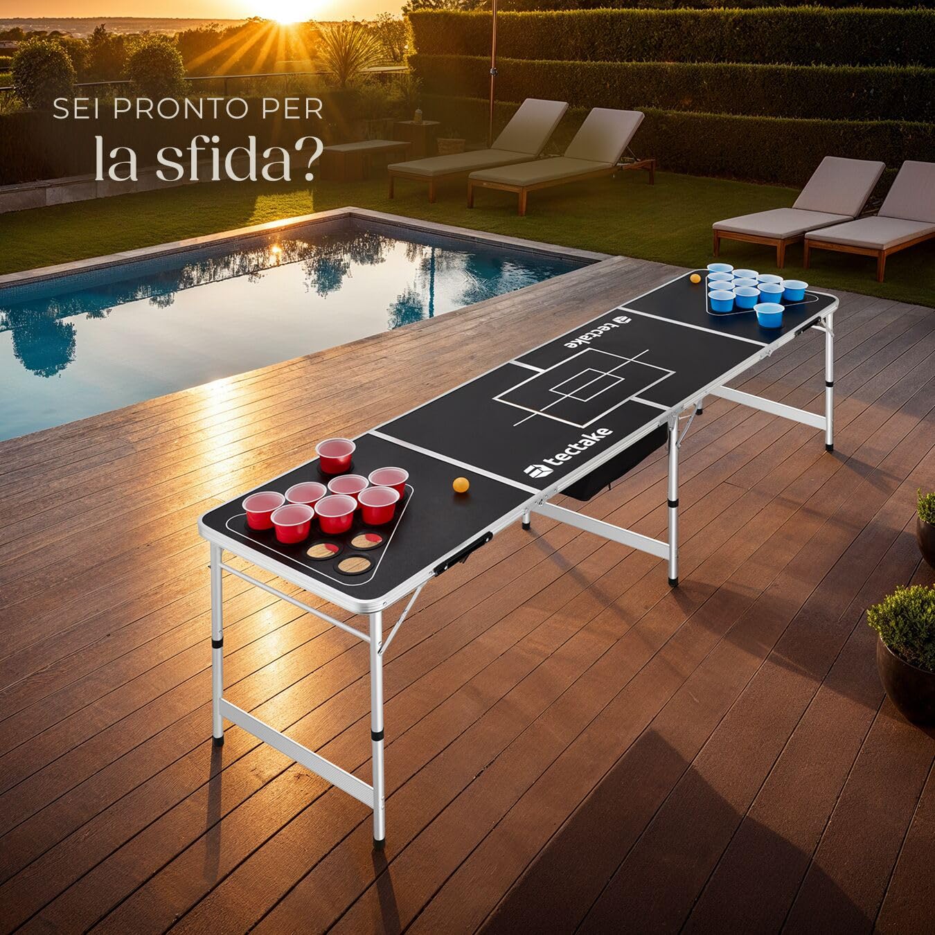 tectake® Tavolo da Beer Pong, Pieghevole con Maniglia, Kit Completo Bicchieri Multicolor e Palline, Beer Pong Set, Struttura in Alluminio, Regali Divertenti, Giochi per Festa - 235 x 60 x 70 cm
